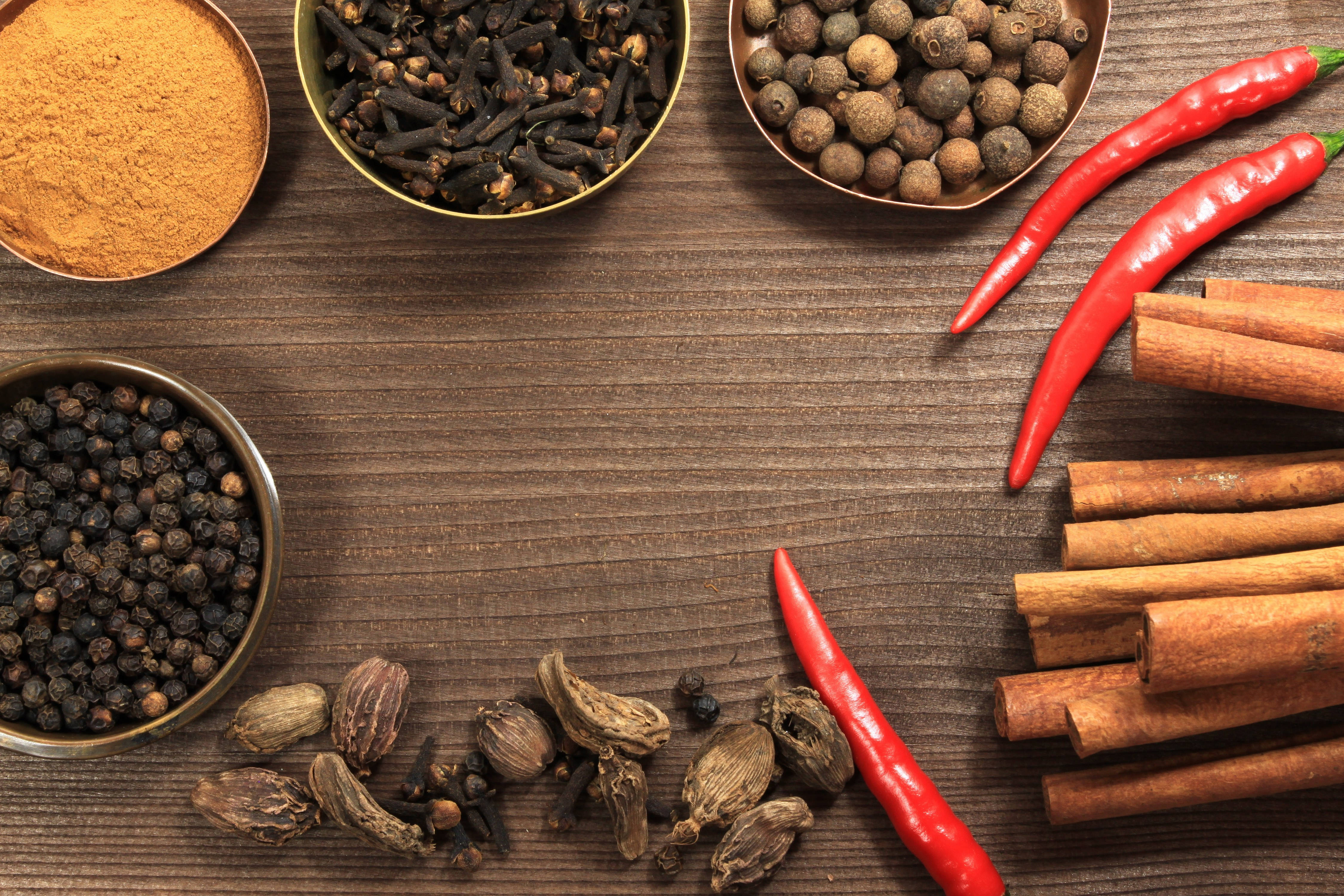 rustic wooden table, bowls of spices, red chilies, 4K Desktop Wallpaper