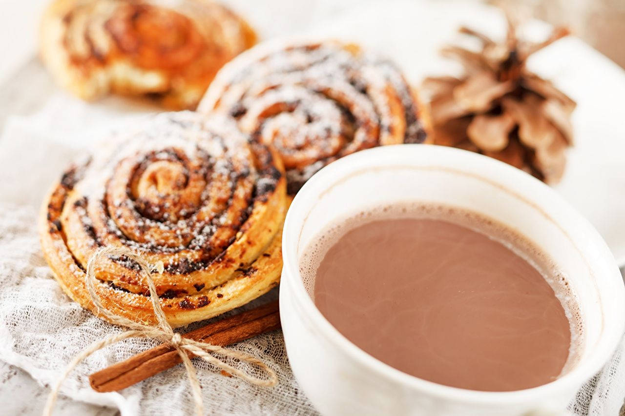 cinnamon rolls, hot chocolate, pinecone, HD Desktop Wallpaper