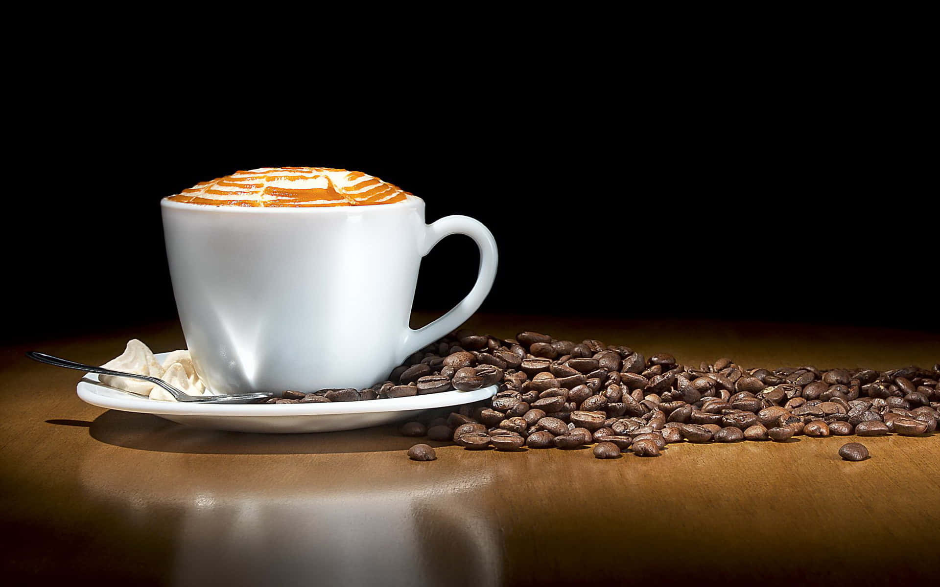 cinnamon cup of coffee, latte art, roasted coffee beans, Full HD Desktop Wallpaper