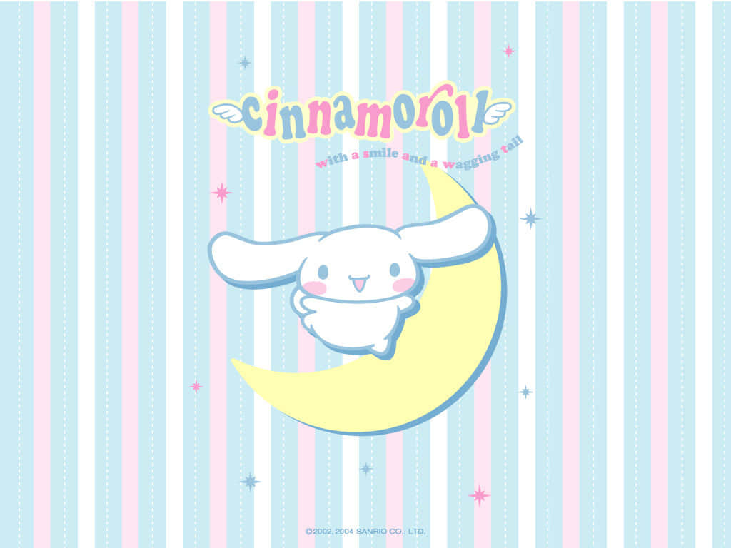 Cinnamoroll, yellow crescent moon, pastel striped background, SD Desktop Wallpaper