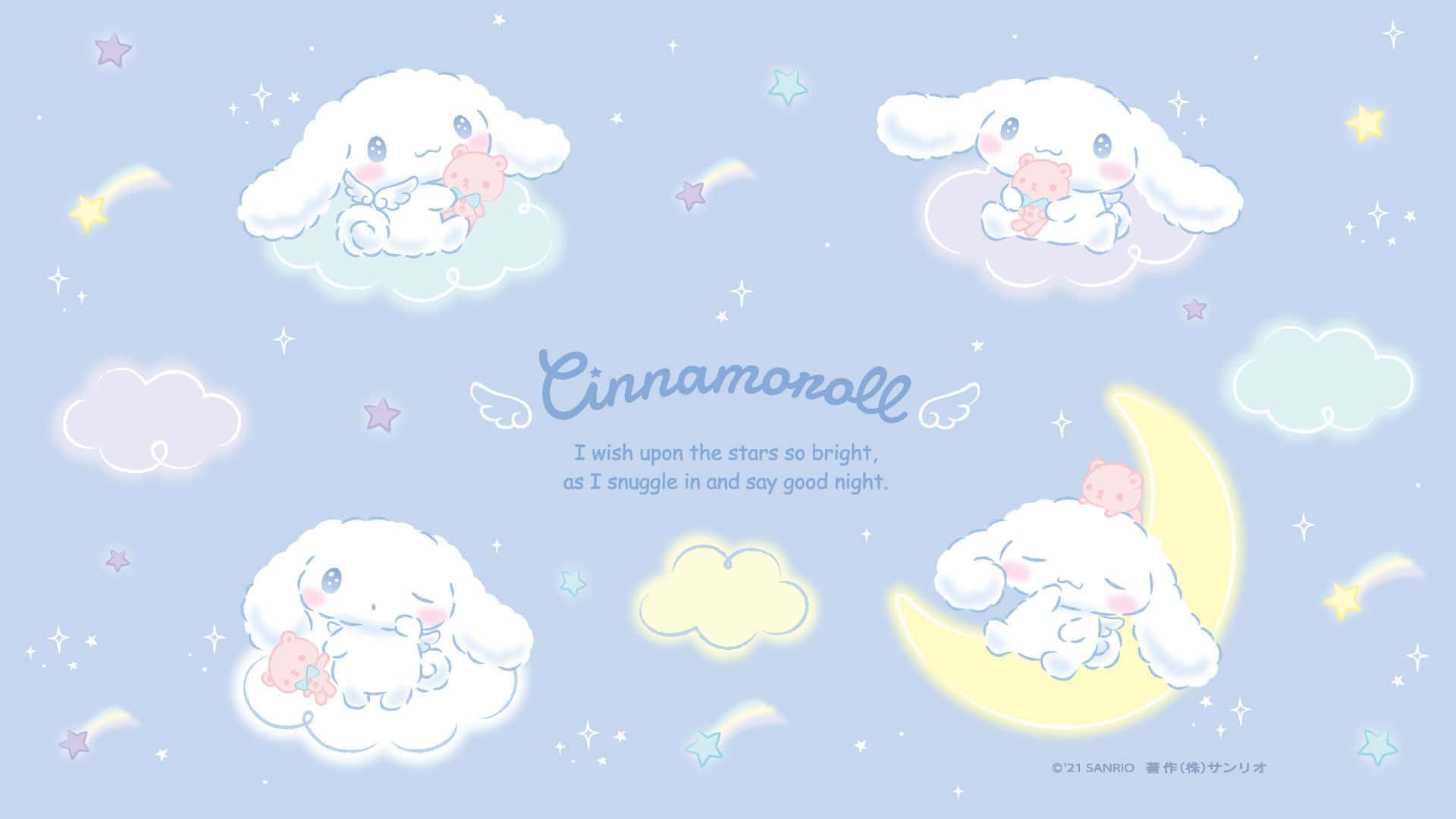Cinnamoroll, clouds, crescent moon, Full HD Desktop Wallpaper