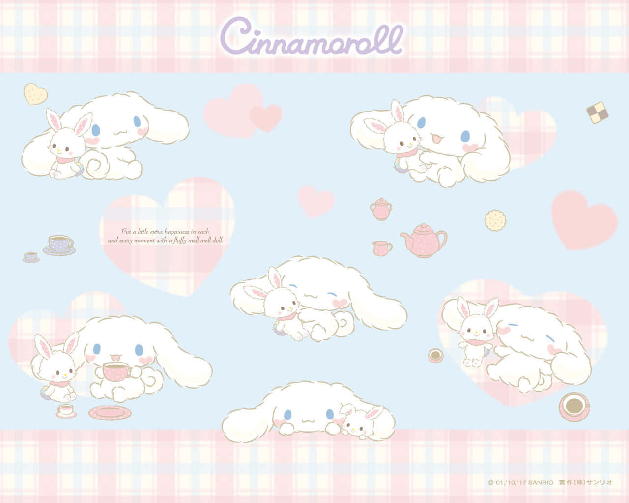 Cinnamoroll, pastel hearts, plaid borders, HD Desktop Wallpaper