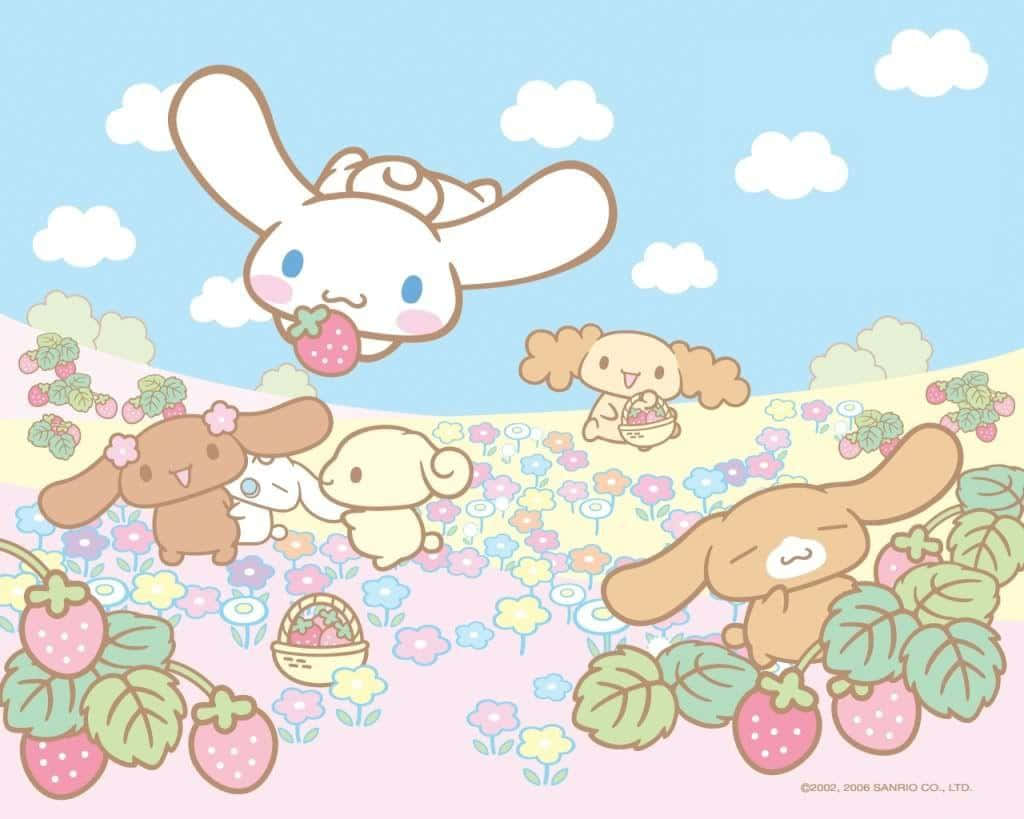 Cinnamoroll, laptop, pastel-colored field of flowers, SD Desktop Wallpaper