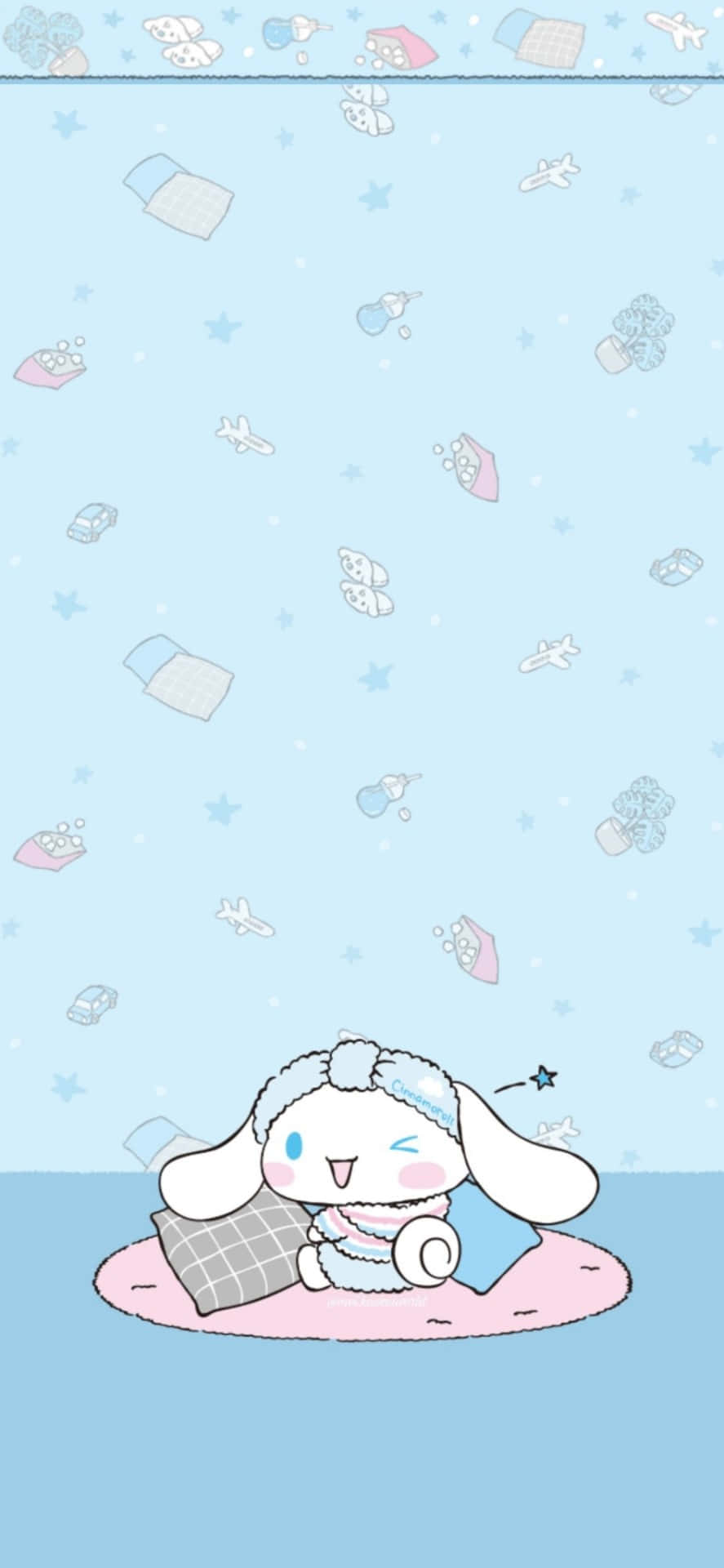 Cinnamoroll, pink cushion, light blue starry background, Full HD Phone Wallpaper
