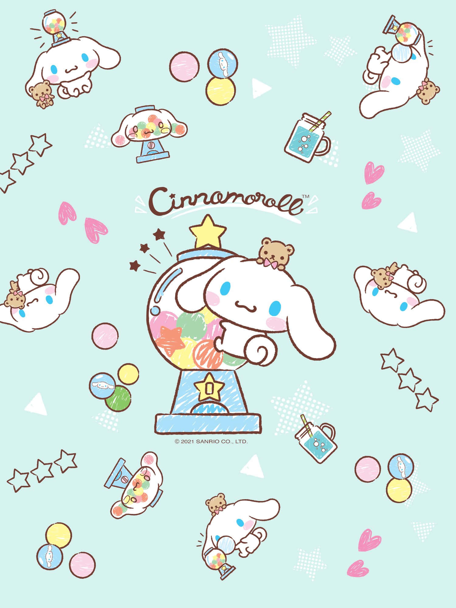Cinnamoroll, gumball machine, floating candies hearts and stars, Full HD Phone Wallpaper