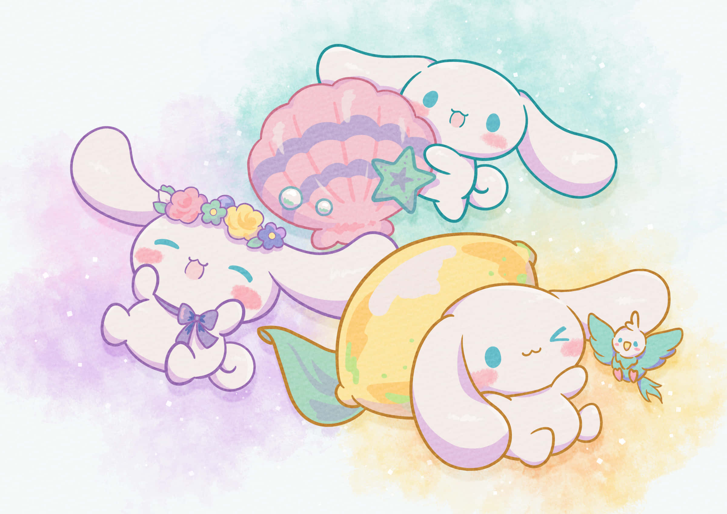 Cinnamoroll, Sanrio, pastel watercolor sky, Full HD Desktop Wallpaper