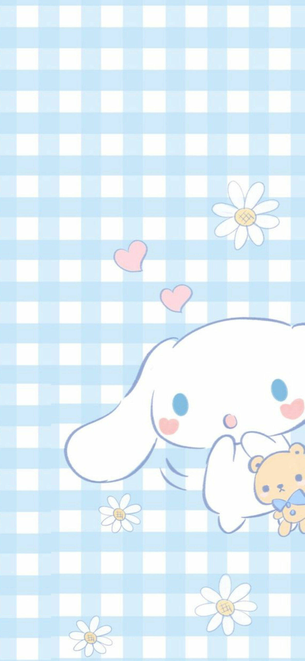 Cinnamoroll, light blue gingham background, daisies, 2K Phone Wallpaper