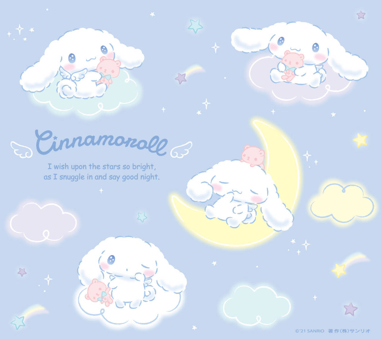 Cinnamoroll, crescent moon, clouds, HD Desktop Wallpaper