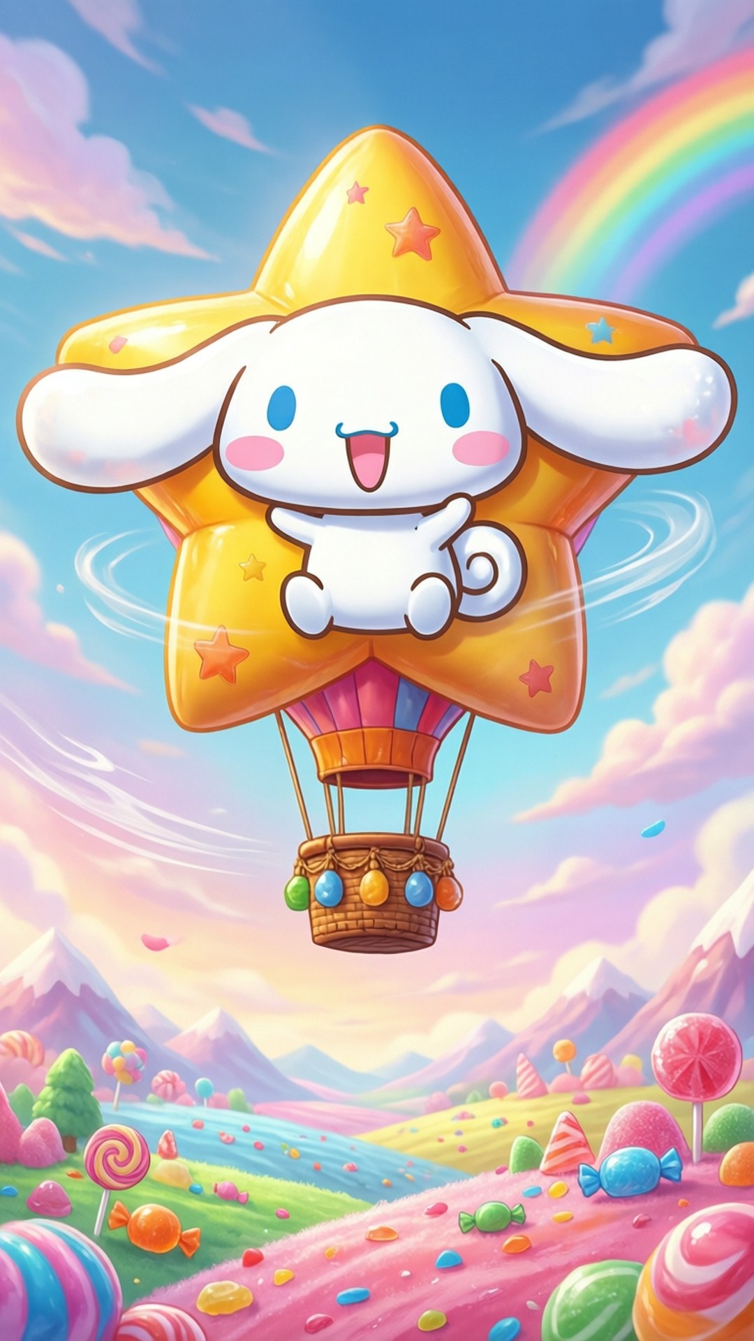 Cinnamoroll, golden star-shaped hot air balloon, candyland landscape, Full HD Phone Wallpaper
