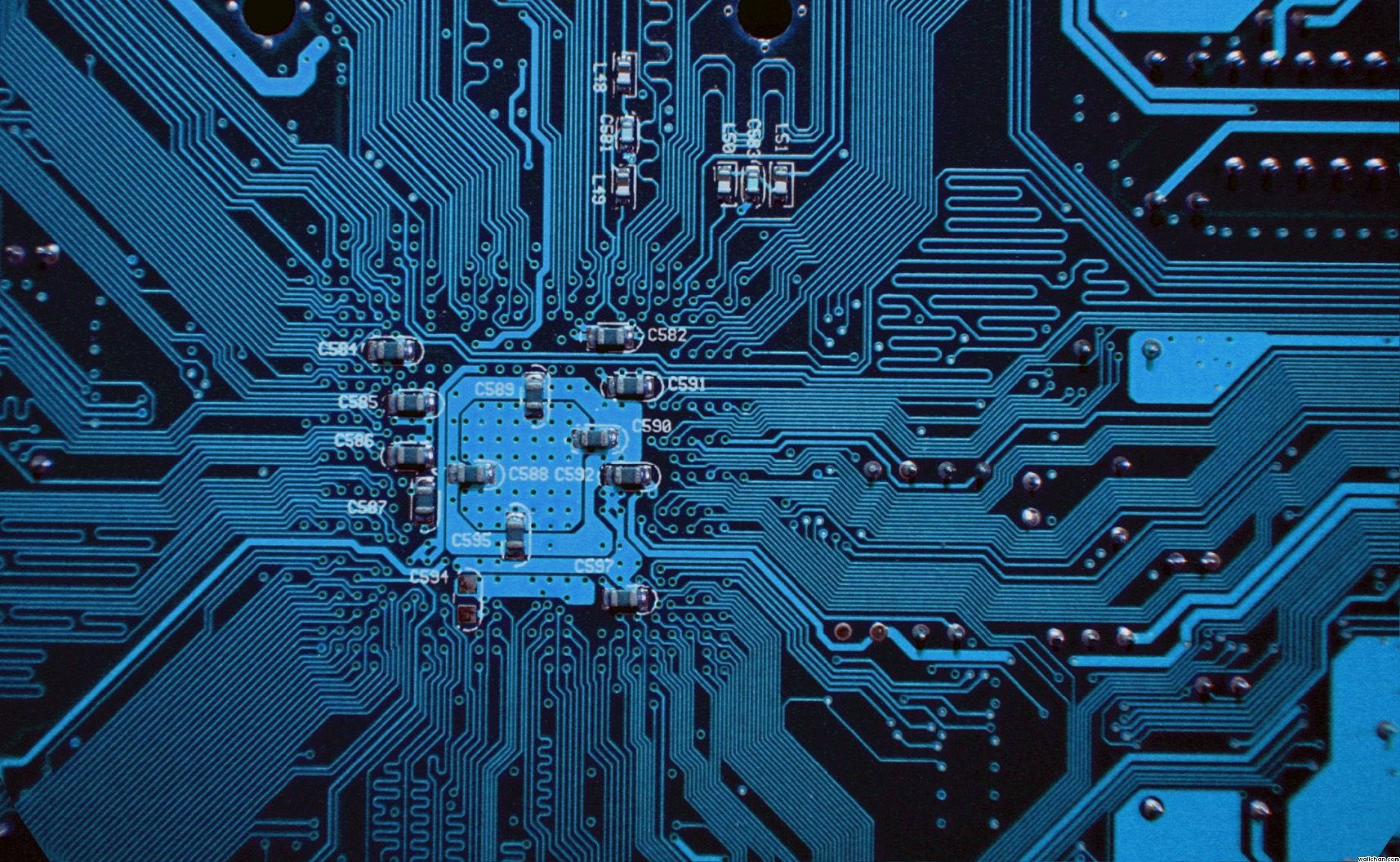 blue glowing circuit board, intricate pathways, labeled capacitors, HD Desktop Wallpaper