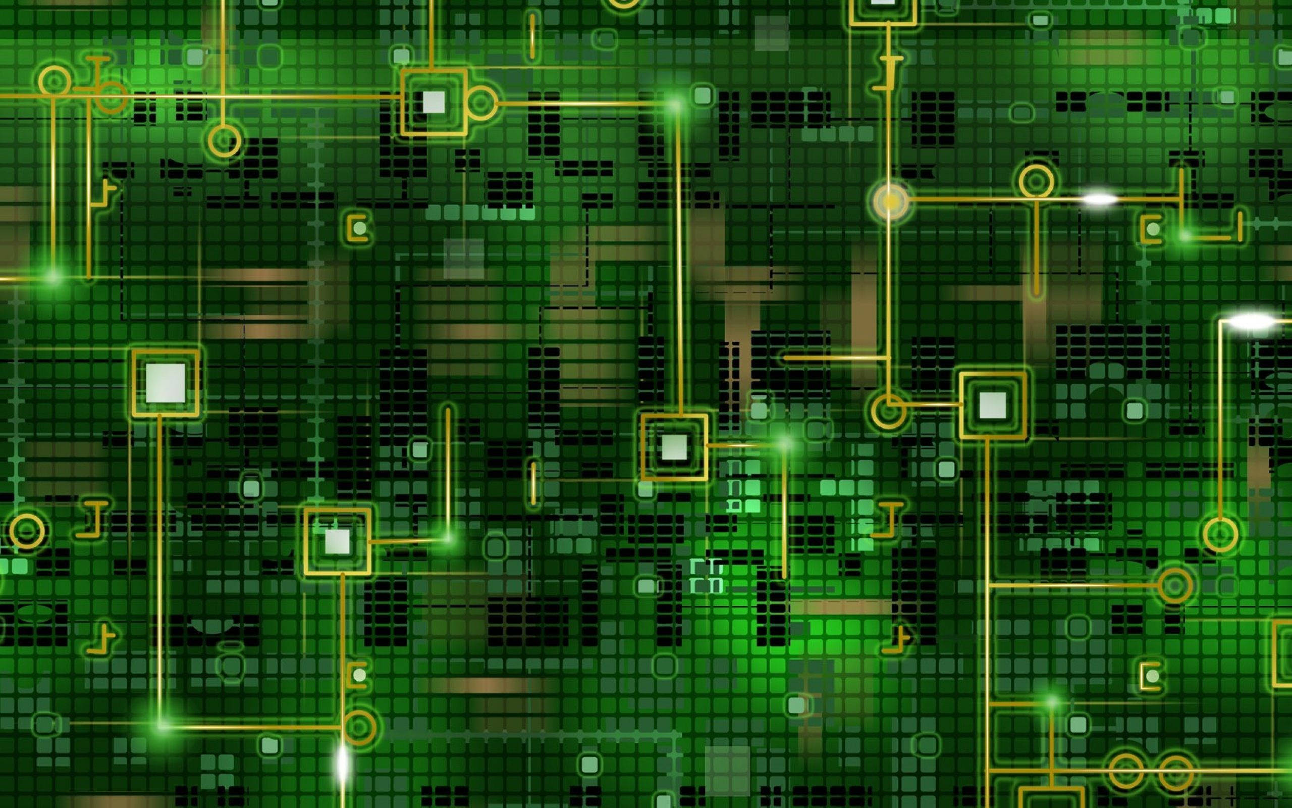 green translucent circuit board, glowing green, yellow pathways, 2K Desktop Wallpaper