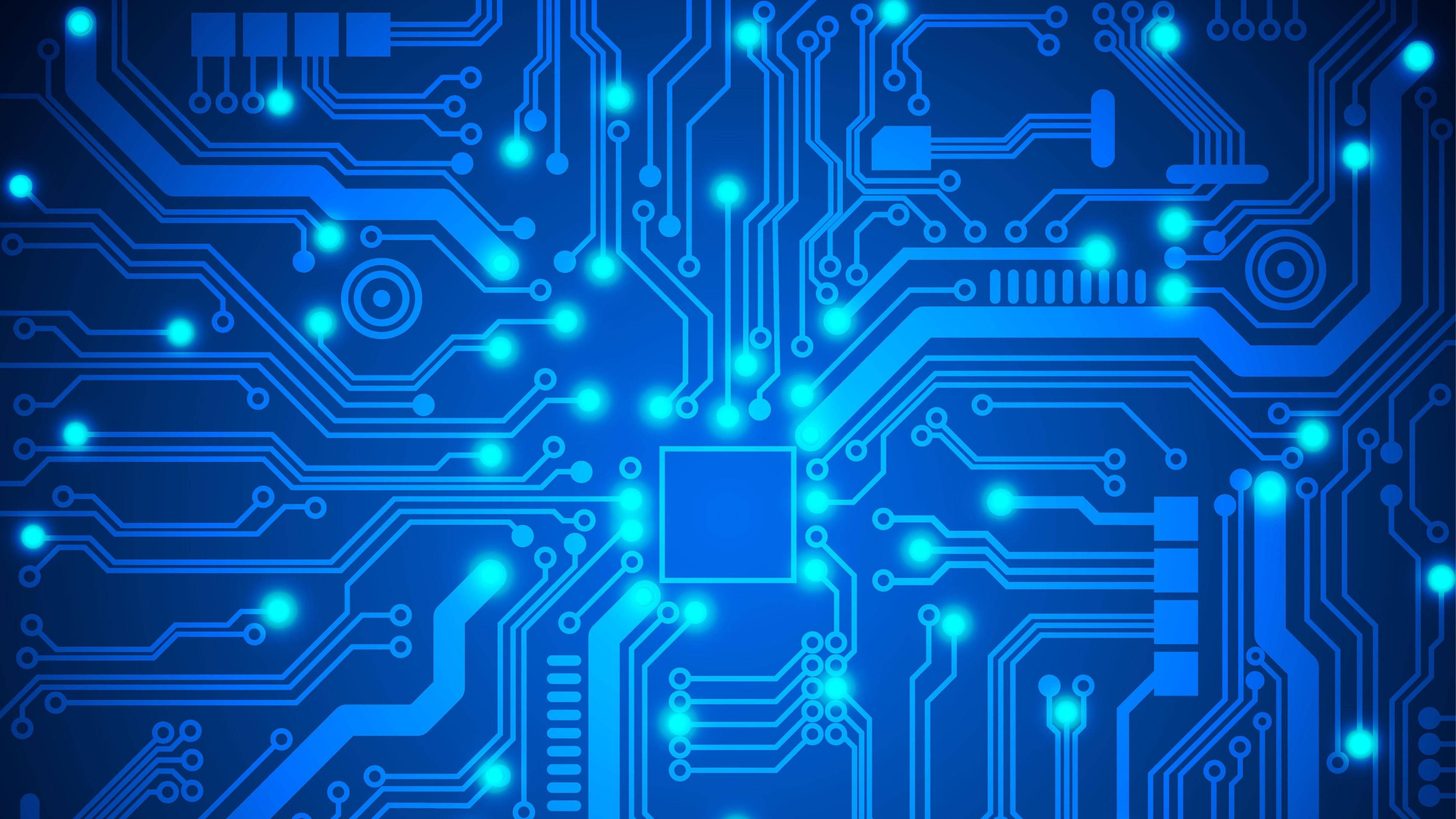 glowing blue circuit board, intricate pathways, bright neon dots, 4K Desktop Wallpaper