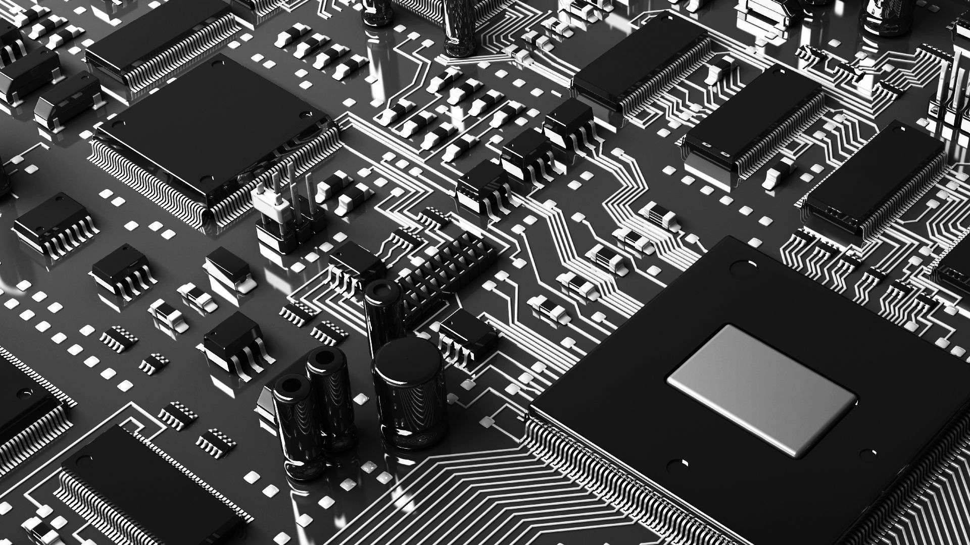 metallic circuit board, black and white, silver pathways, Full HD Desktop Wallpaper