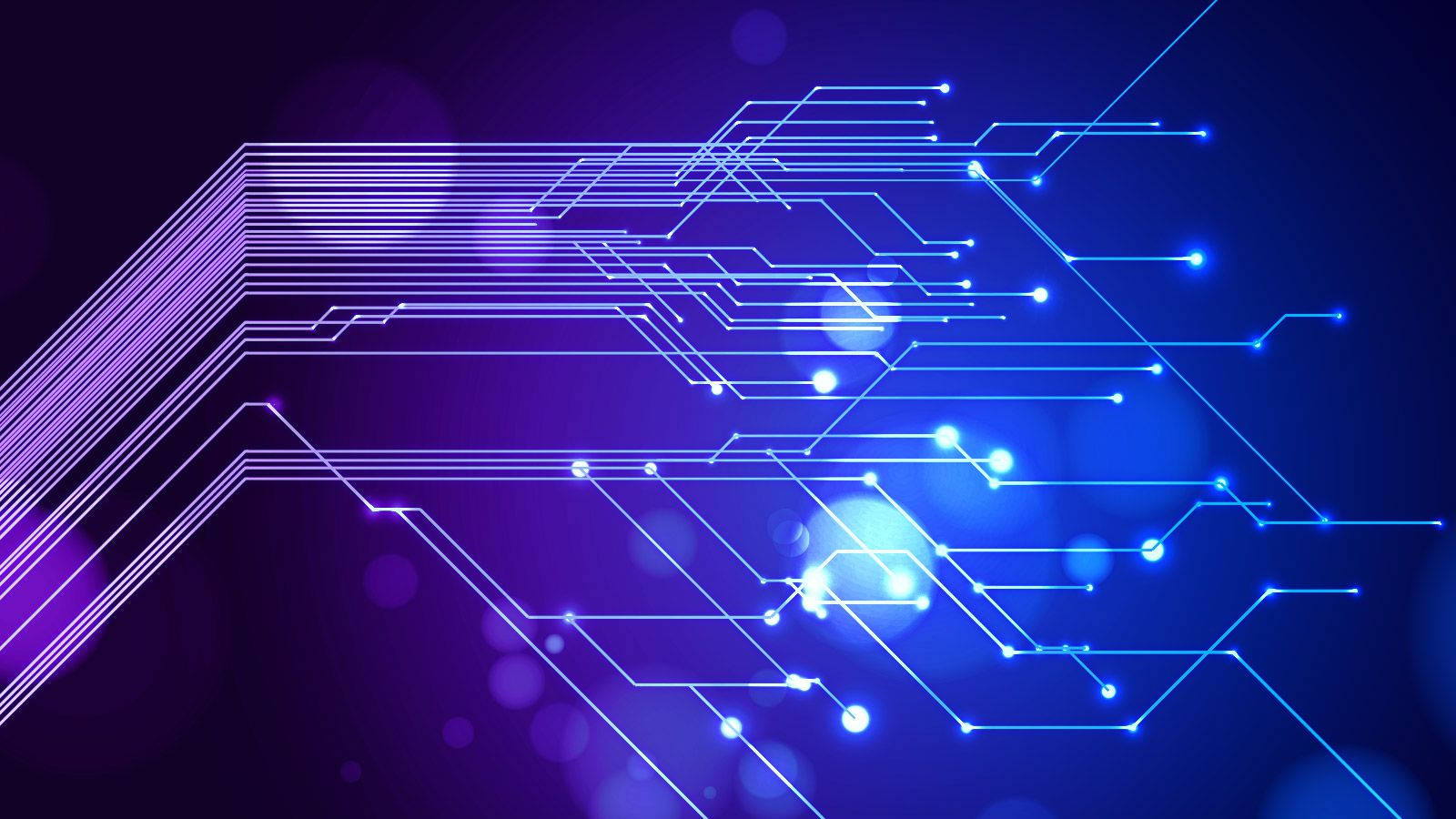 flashy blue circuit board, glowing blue and purple circuit lines, dark background, HD Desktop Wallpaper