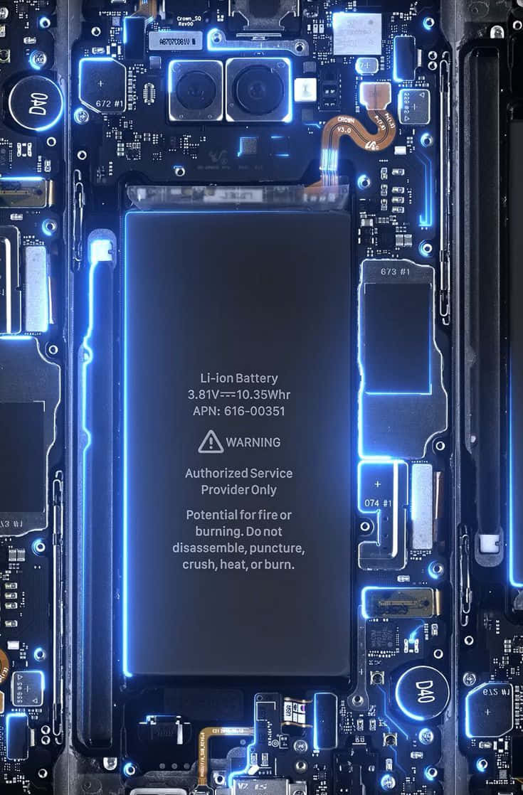 iPhone 7, blue lit up board, glowing blue lithium-ion battery, SD Phone Wallpaper