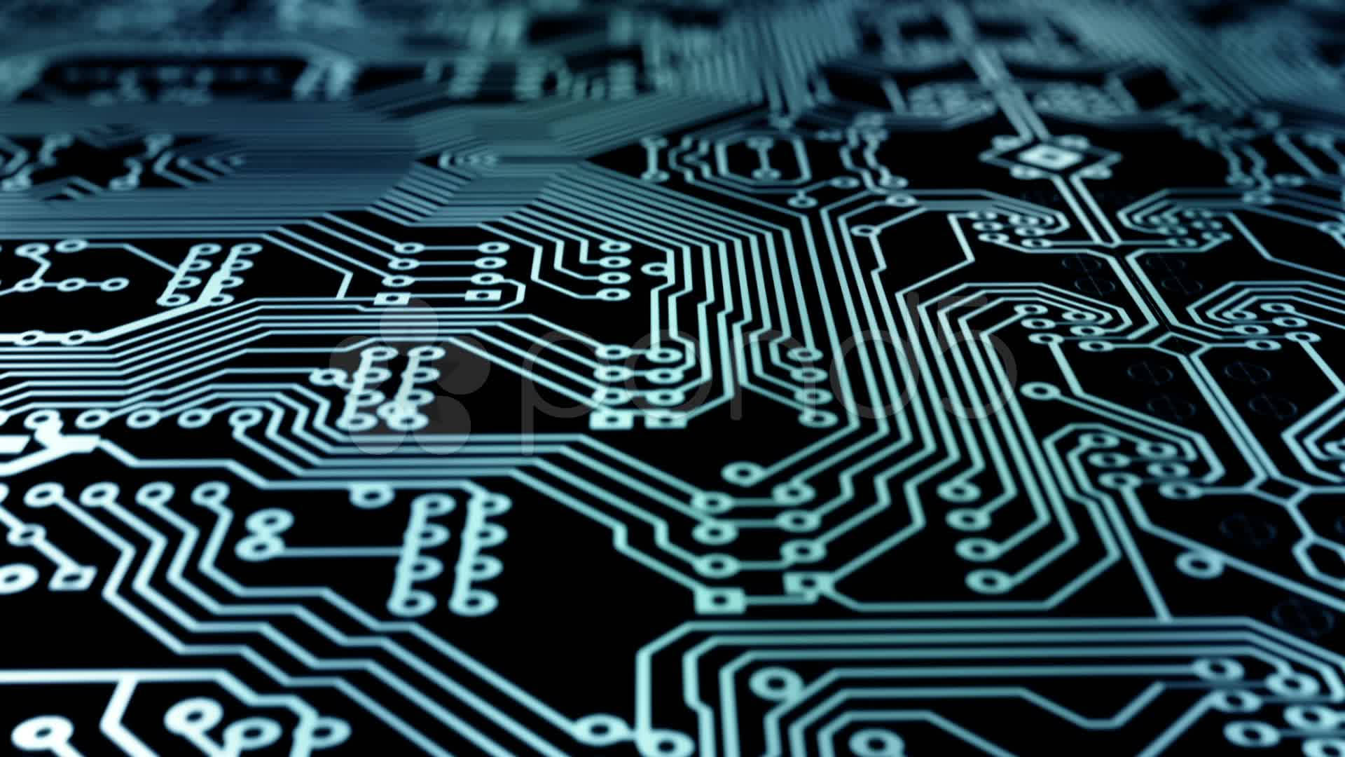 glowing blue circuit board pathways, black background, shallow depth of field, Full HD Desktop Wallpaper