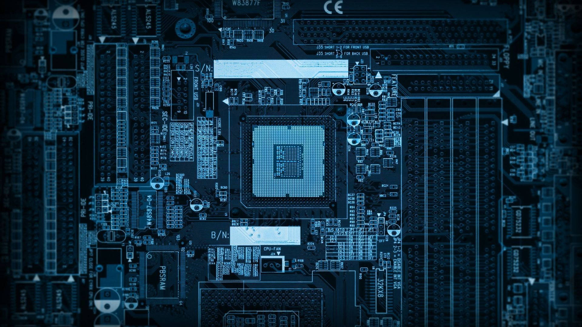 detailed circuit board model, blue-tinted computer motherboard, glowing circuitry, Full HD Desktop Wallpaper