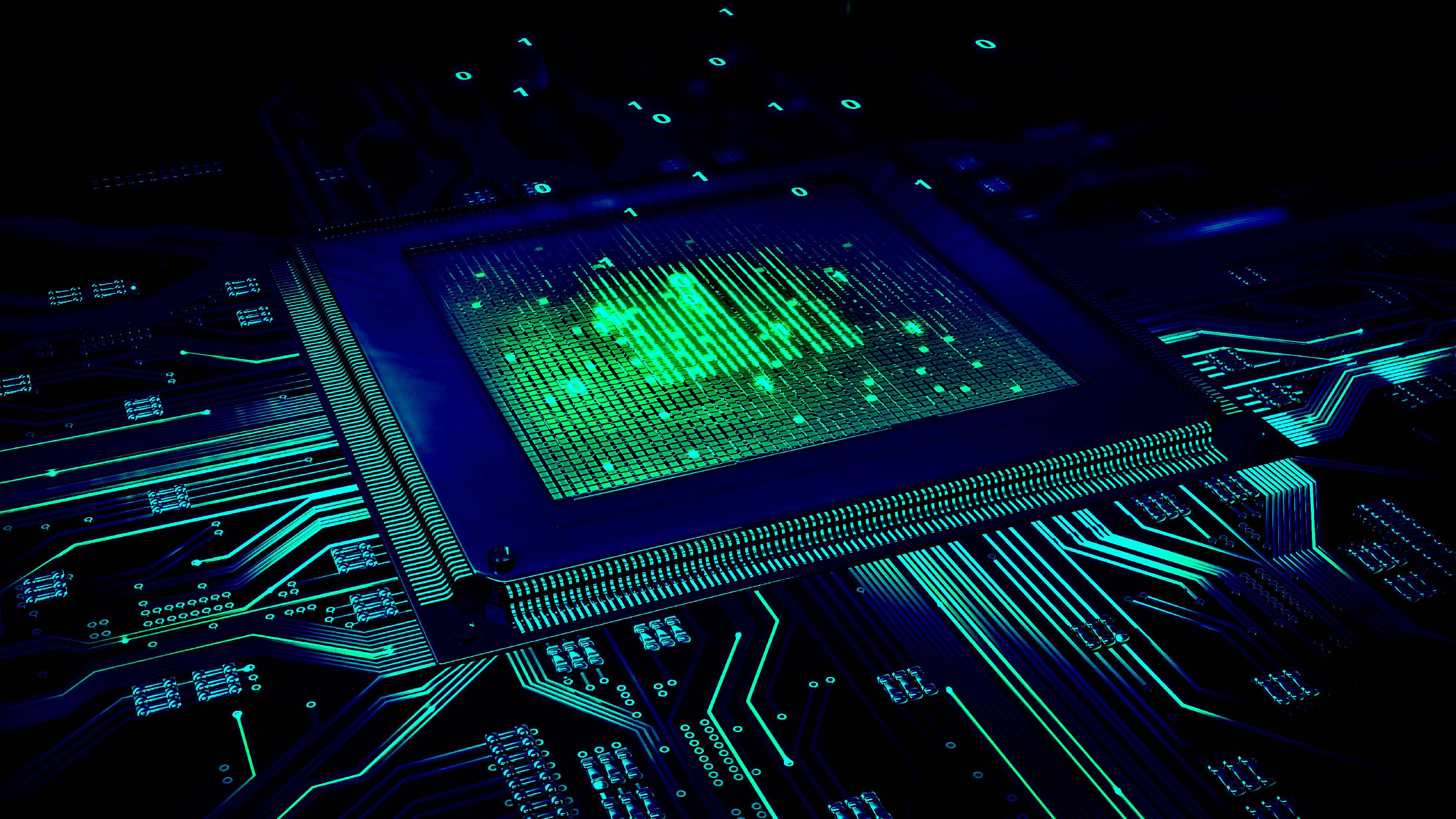 green light diodes, microchip, circuit board, 4K Desktop Wallpaper