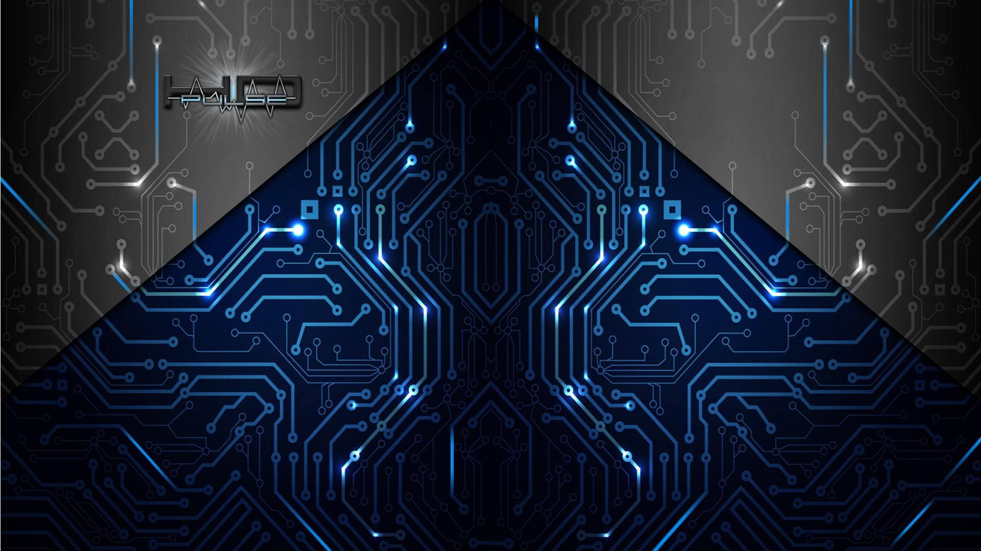 artistic metallic circuit board, glowing blue pathways, dark gradient background, Full HD Desktop Wallpaper