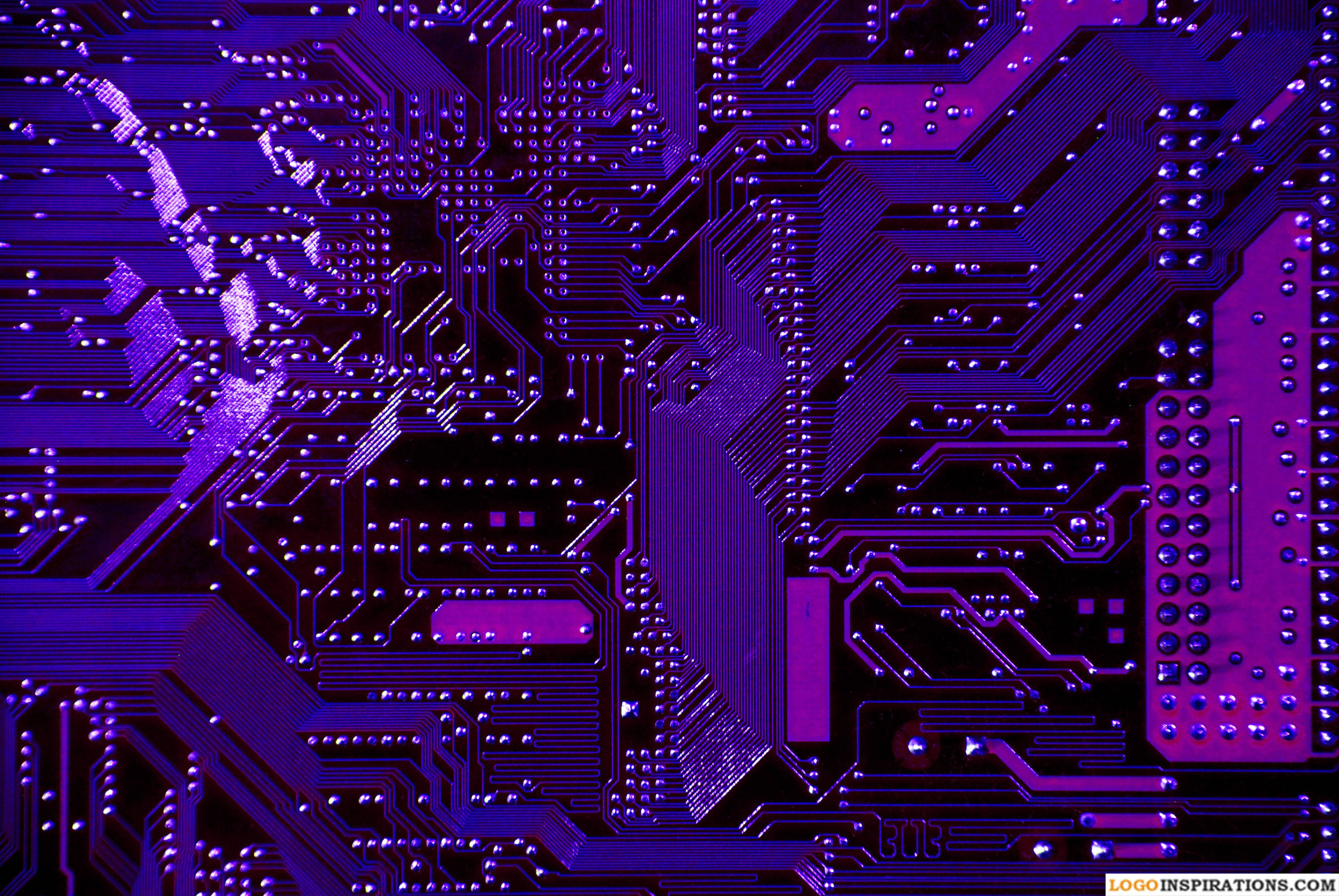 complex purple circuit board, glowing purple circuit board, intricate pathways, 4K Desktop Wallpaper