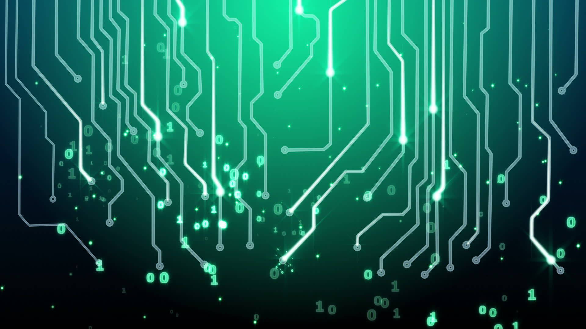 green circuit board, glowing green circuit board pathways, floating binary code, Full HD Desktop Wallpaper