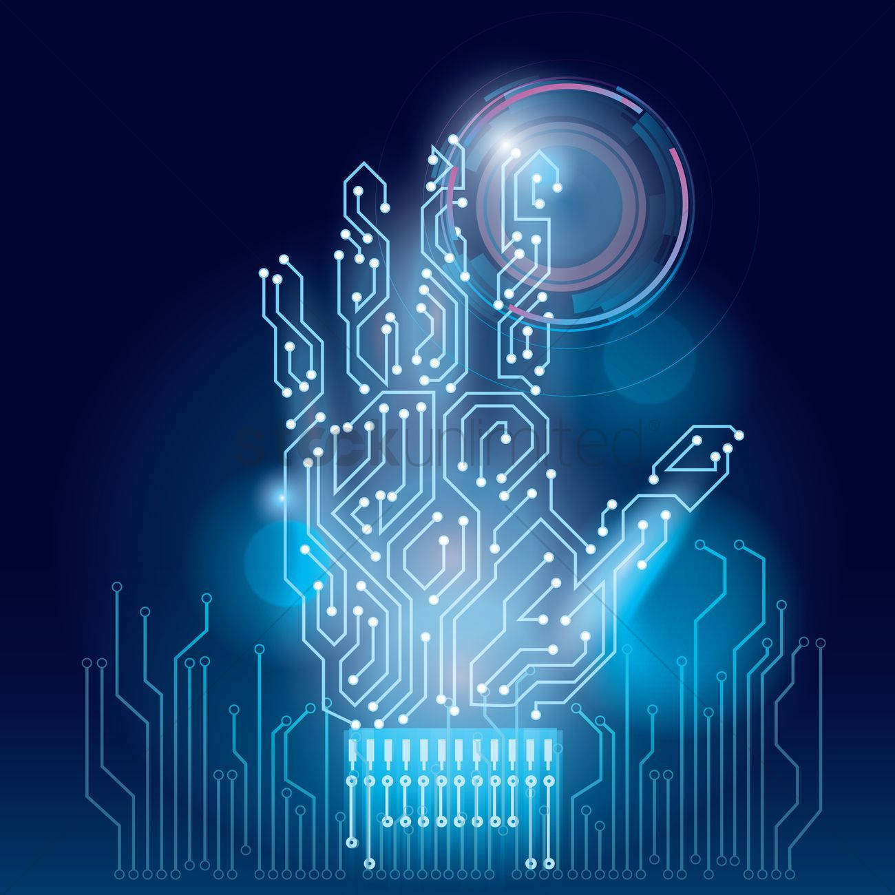 glowing blue hand, circuitry, futuristic holographic interface, HD Desktop Wallpaper