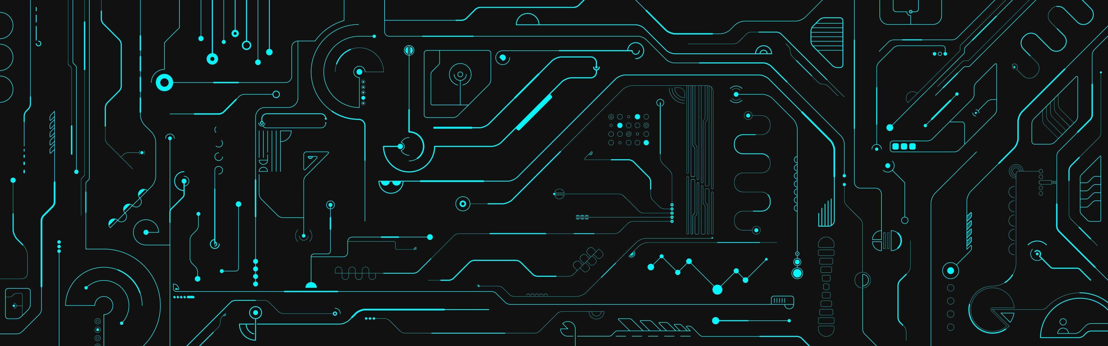 blue circuit board, glowing cyan pathways, black background, 4K Desktop Wallpaper
