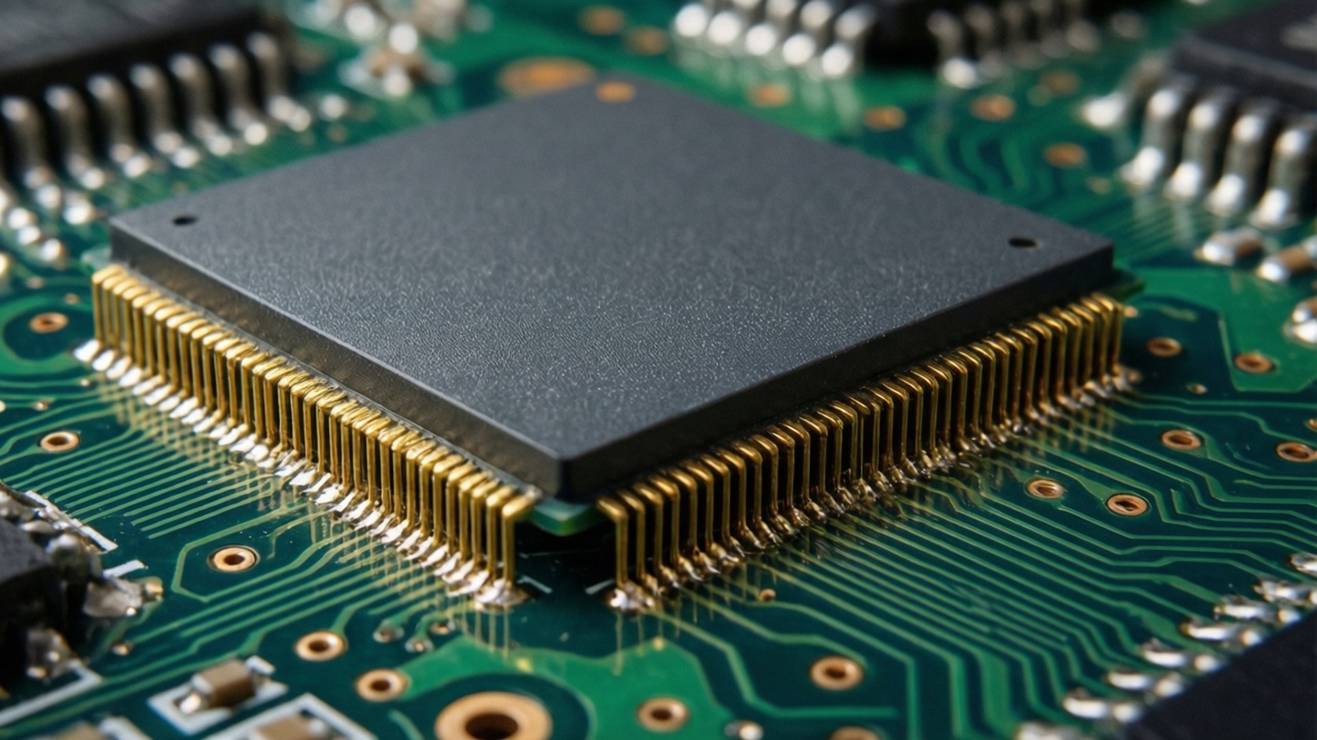 black square microchip, gold pins, green circuit board, Full HD Desktop Wallpaper