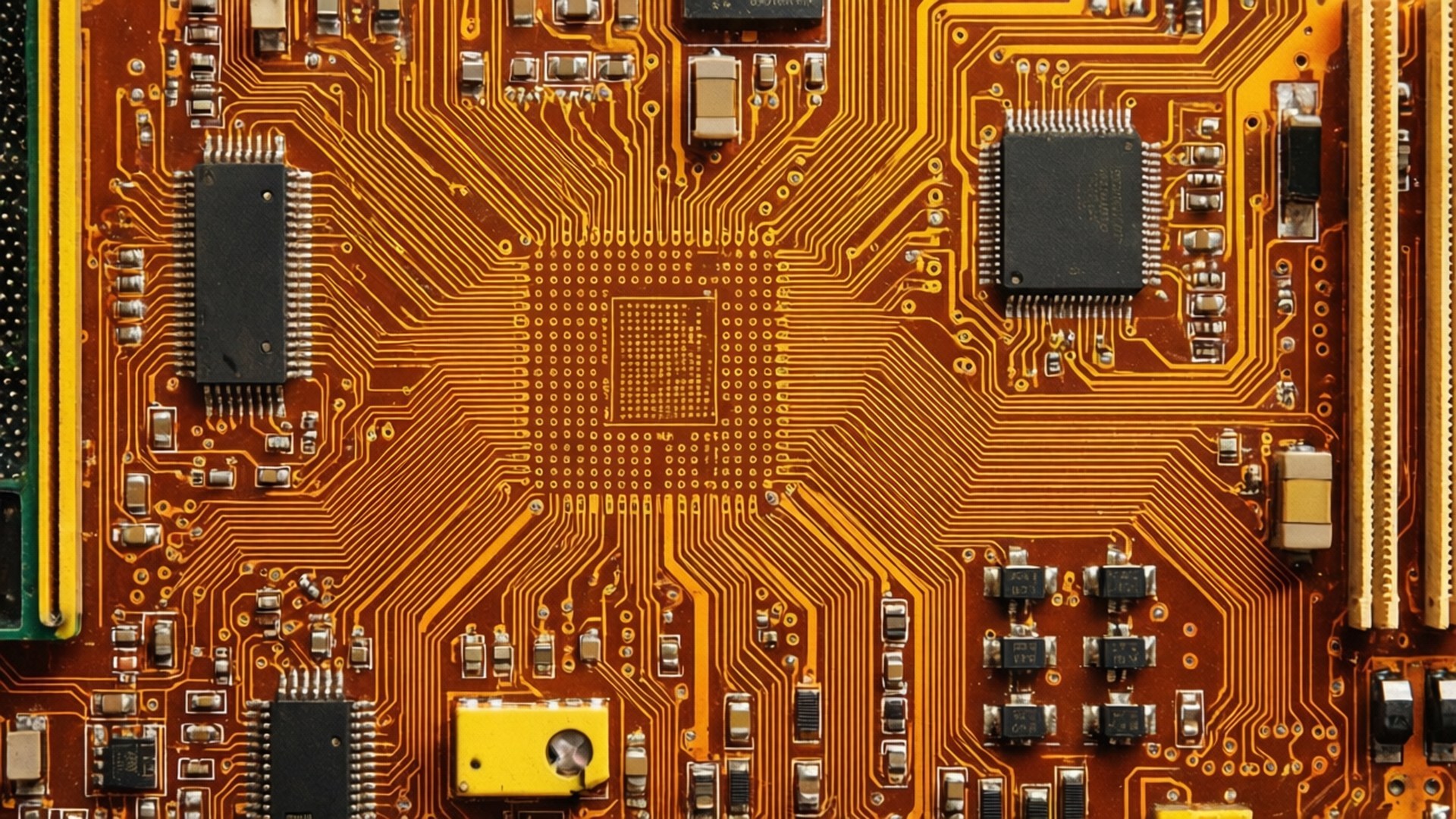 retro circuit, orange circuit board, gold pathways, Full HD Desktop Wallpaper