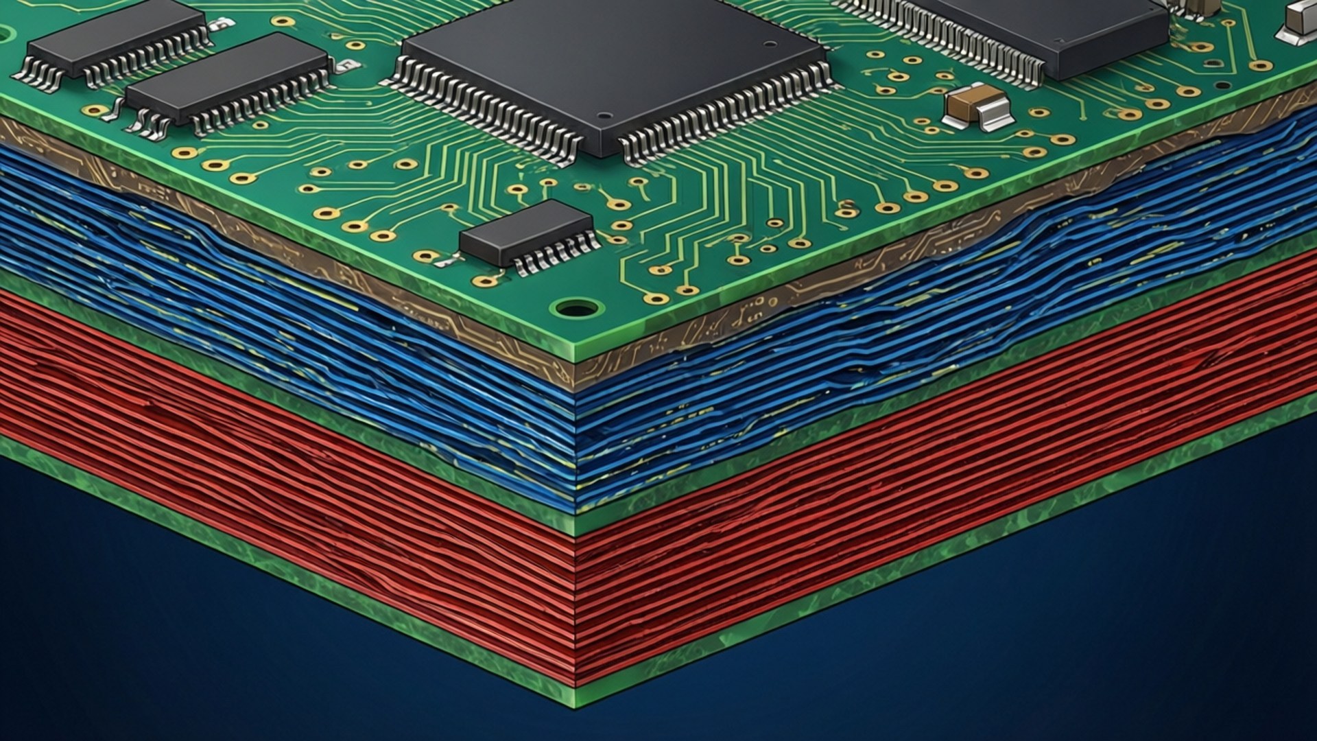 layered circuitry, circuit board, green copper traces, Full HD Desktop Wallpaper
