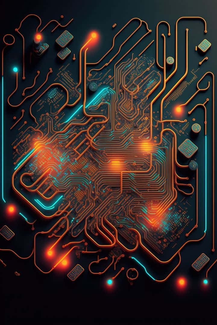glowing circuit board, orange and teal neon pathways, illuminated components, SD Phone Wallpaper