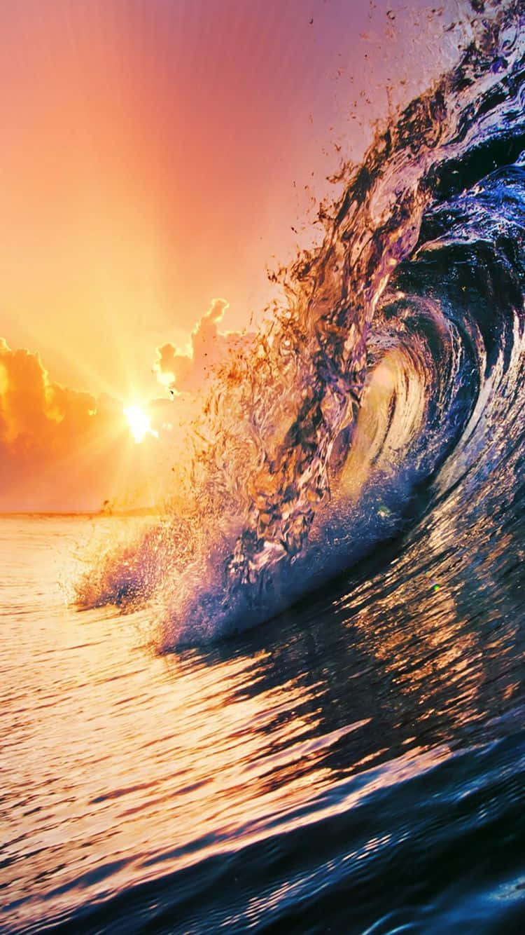 Wave iPhone, ocean wave, fiery sunset sky, HD Phone Wallpaper