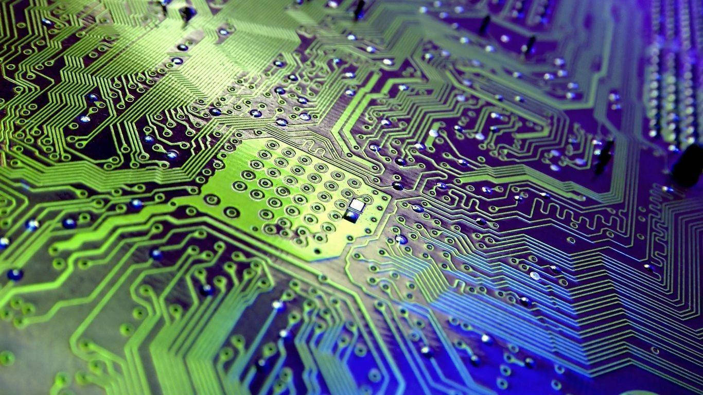 electronic circuit motherboard, glowing green and blue pathways, tiny electronic components, HD Desktop Wallpaper