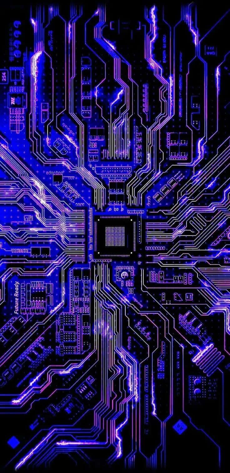 blue glowing circuit board, vibrant blue and purple glowing, central chip, HD Phone Wallpaper