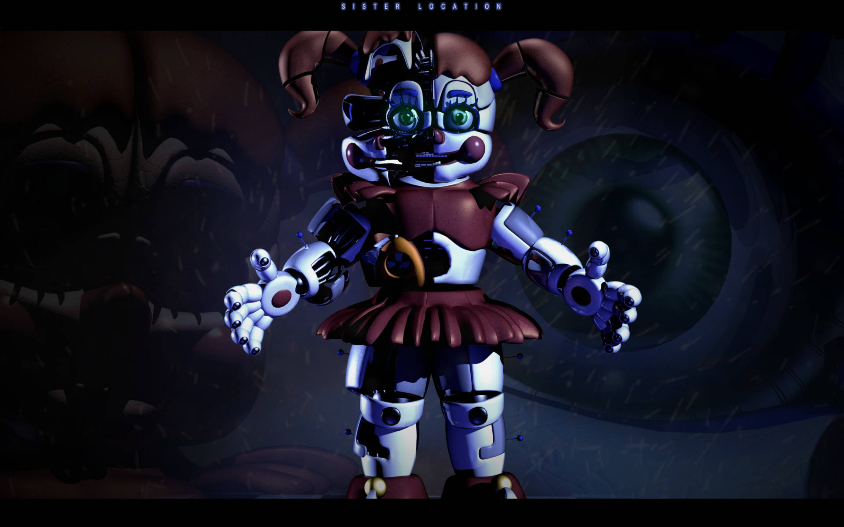 robotic circus baby, glowing green eyes, dark rainy setting, 2K Desktop Wallpaper