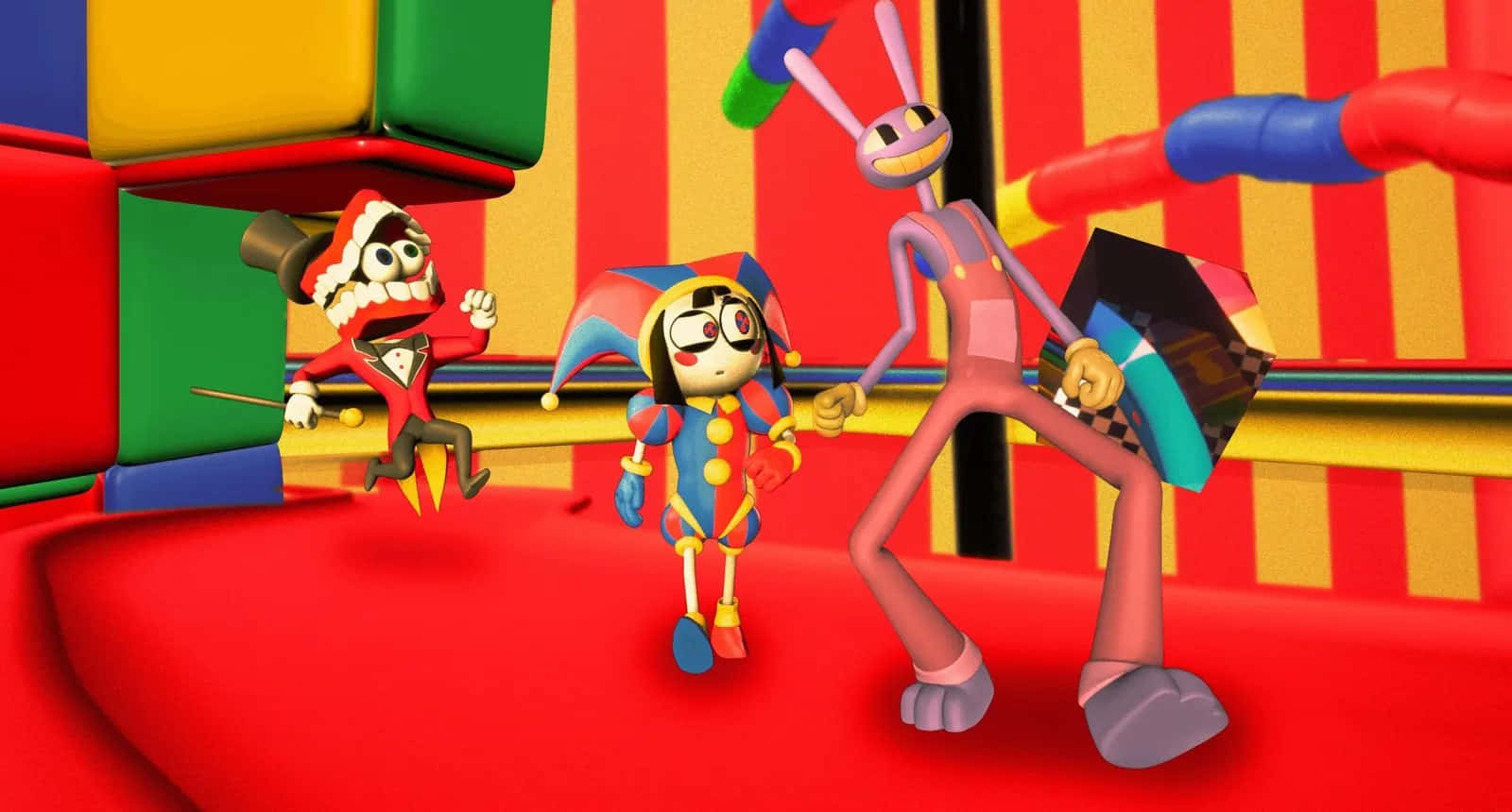 colorful circus animation characters, jester characters, vibrant circus-themed room, HD Desktop Wallpaper