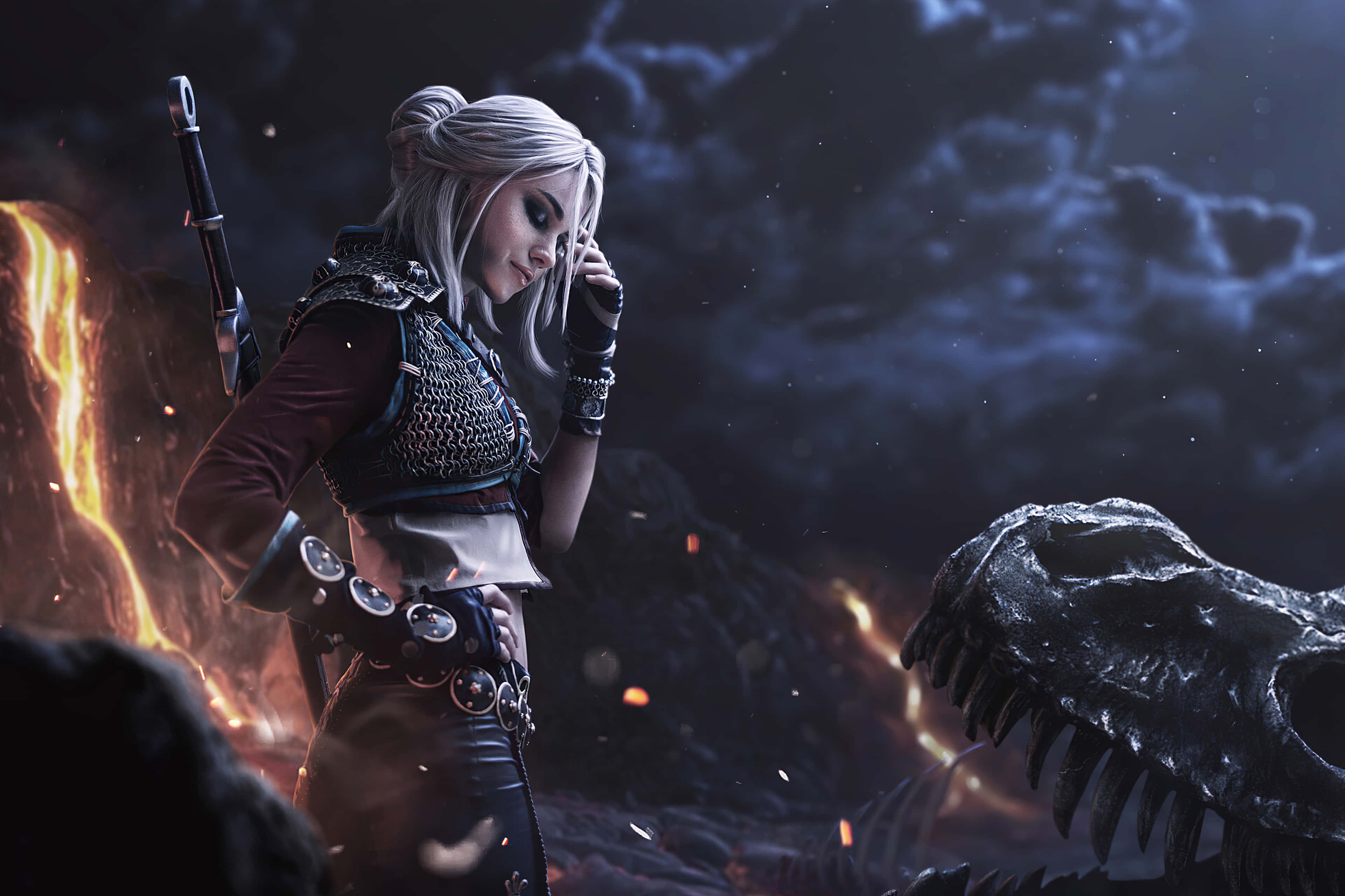 Ciri, silver hair, dinosaur skull, 4K Desktop Wallpaper