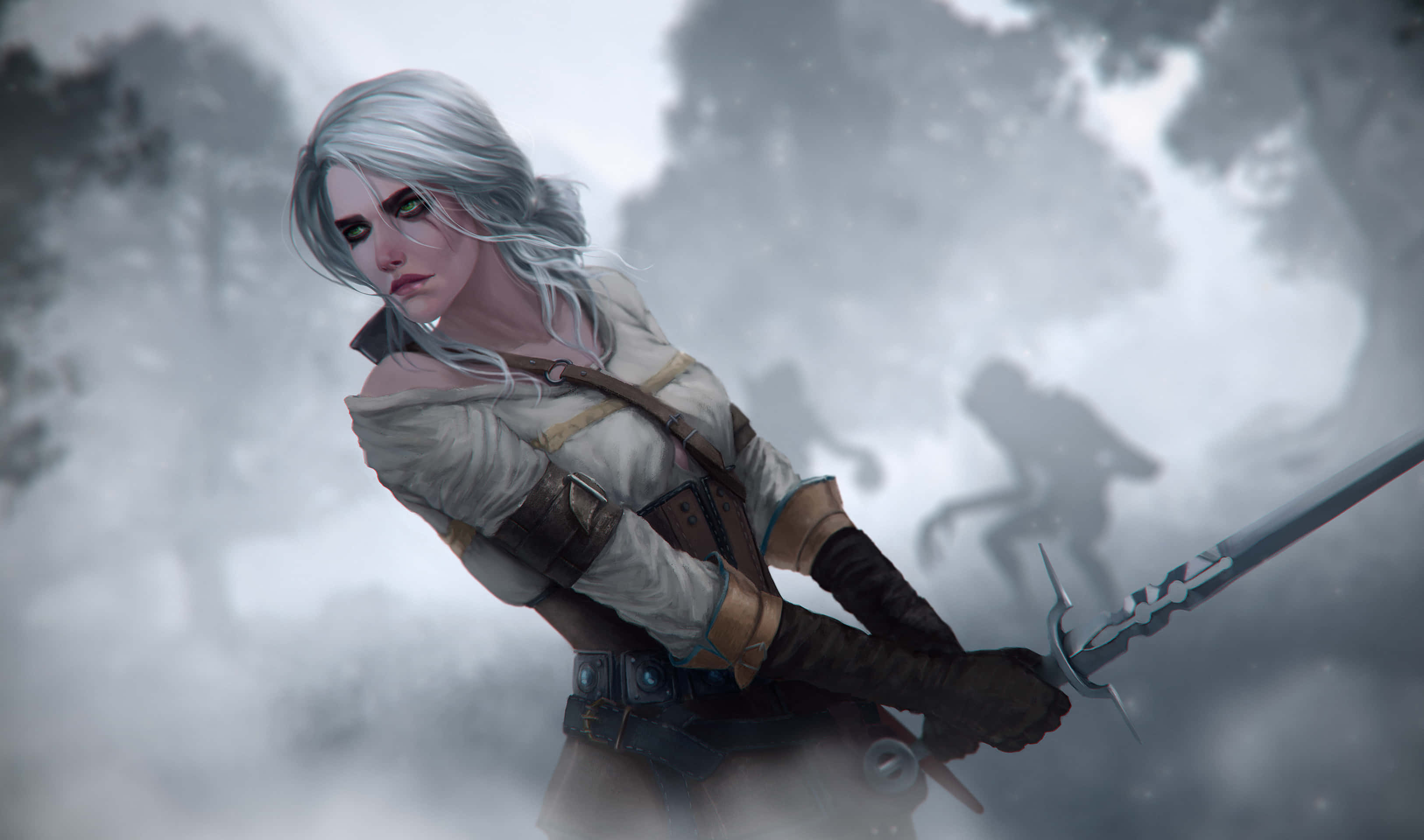 Ciri, silver-haired warrior, sword, 2K Desktop Wallpaper