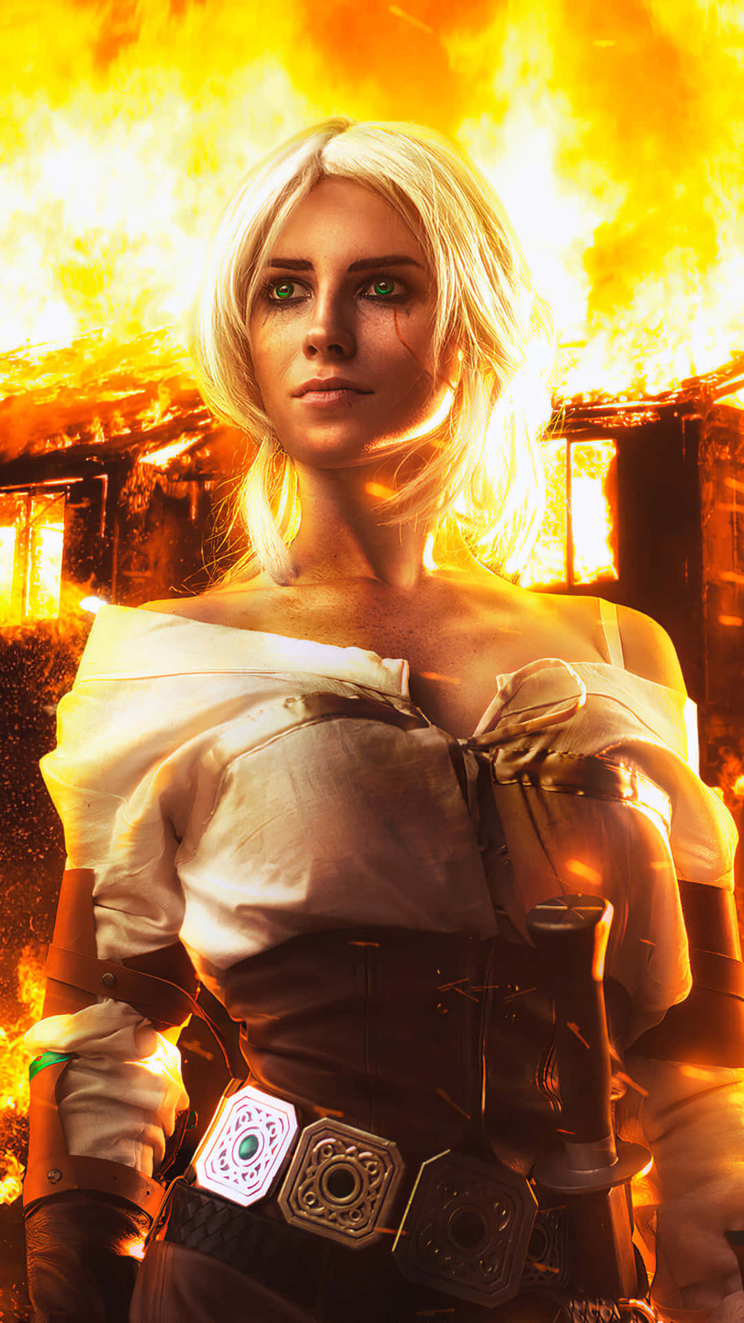 Ciri, fire backdrop, glowing green eyes, Full HD Phone Wallpaper