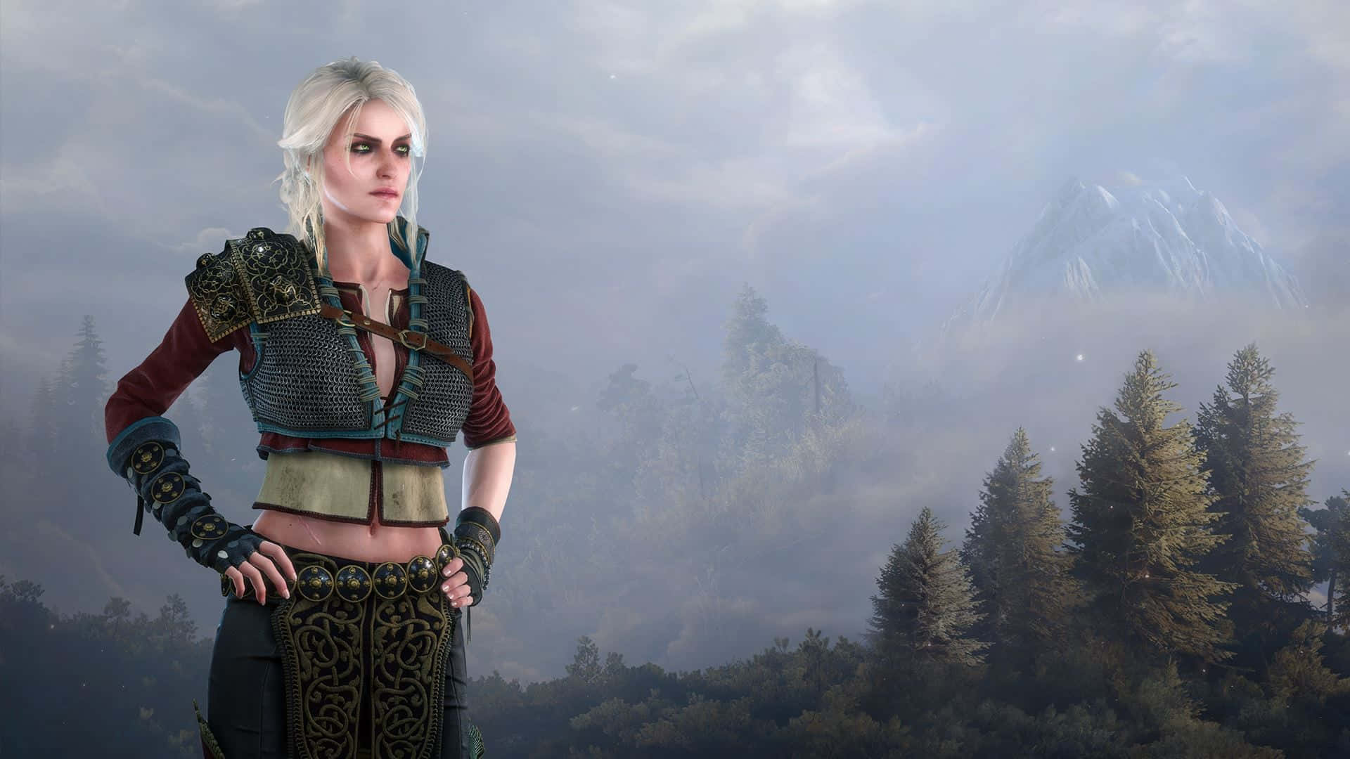 Ciri, misty forest, snow-capped mountains, Full HD Desktop Wallpaper