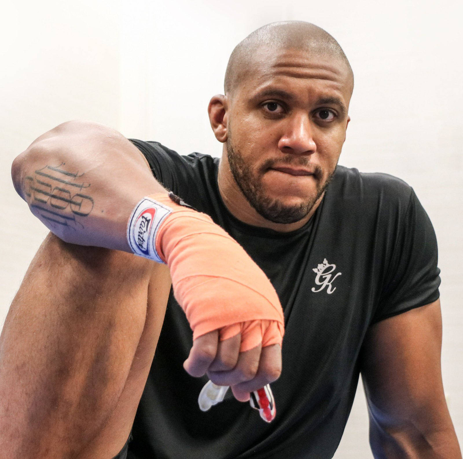 Ciryl Gane, orange hand wraps, tattooed arm, HD Desktop Wallpaper