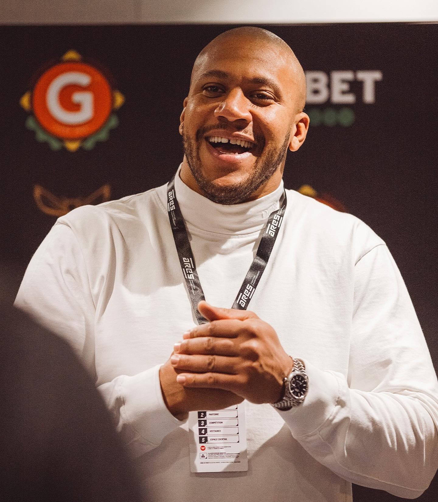 Ciryl Gane, white turtleneck, lanyard, HD Phone Wallpaper