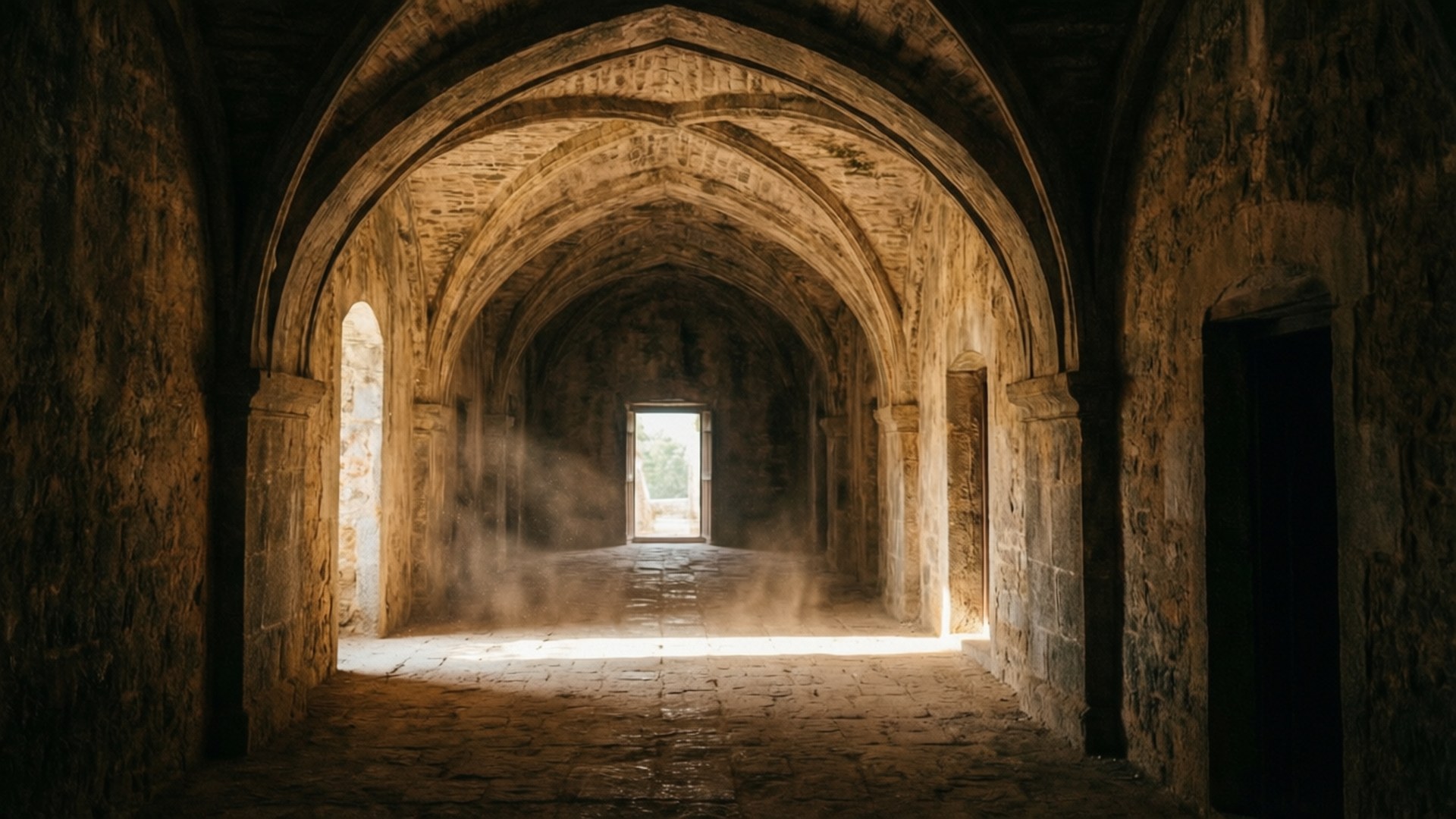 Citadelle Laferriere, arched hallway, light beams, Full HD Desktop Wallpaper