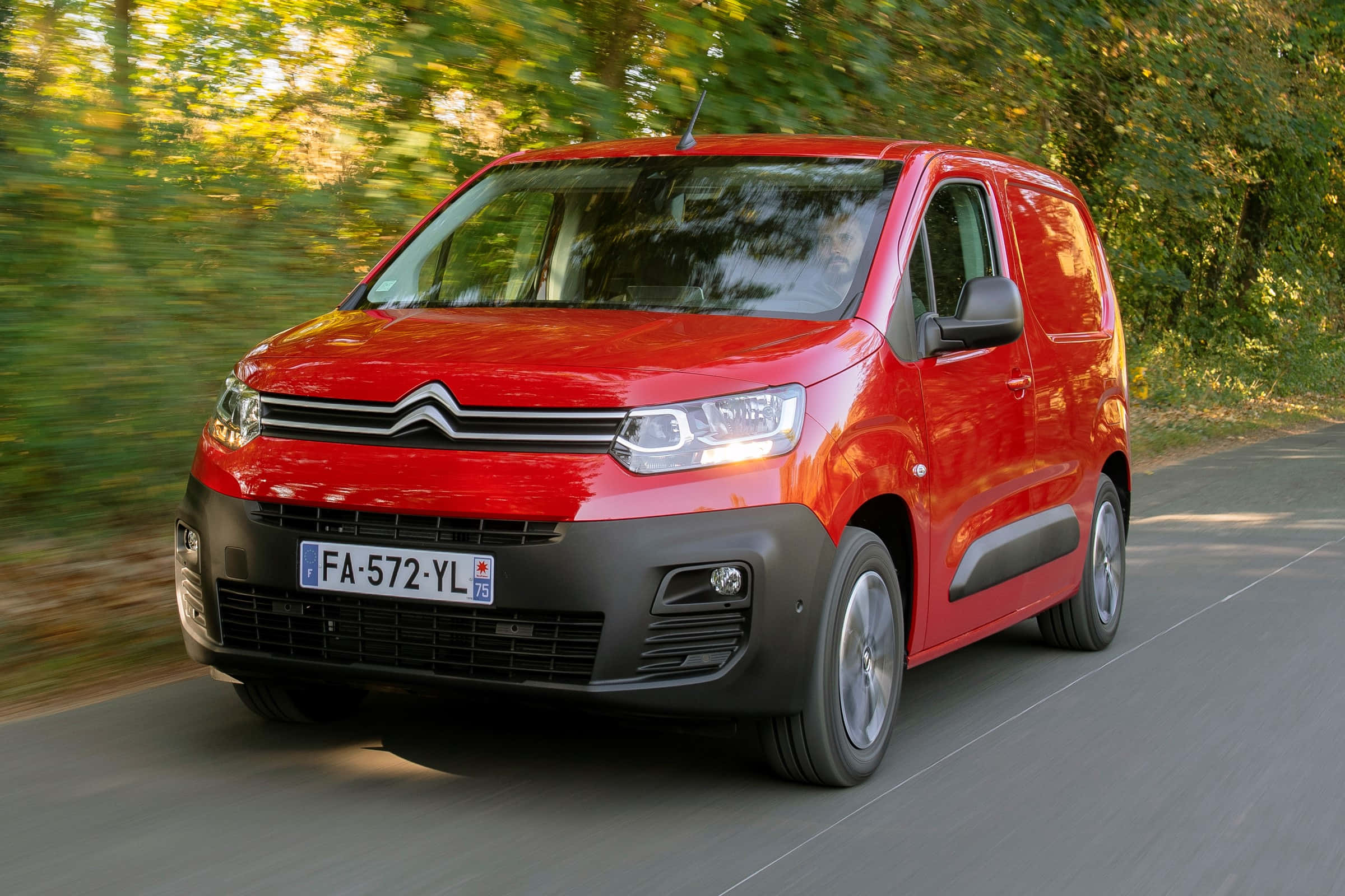 Citroen Berlingo, vibrant red, tree-lined road, Full HD Desktop Wallpaper