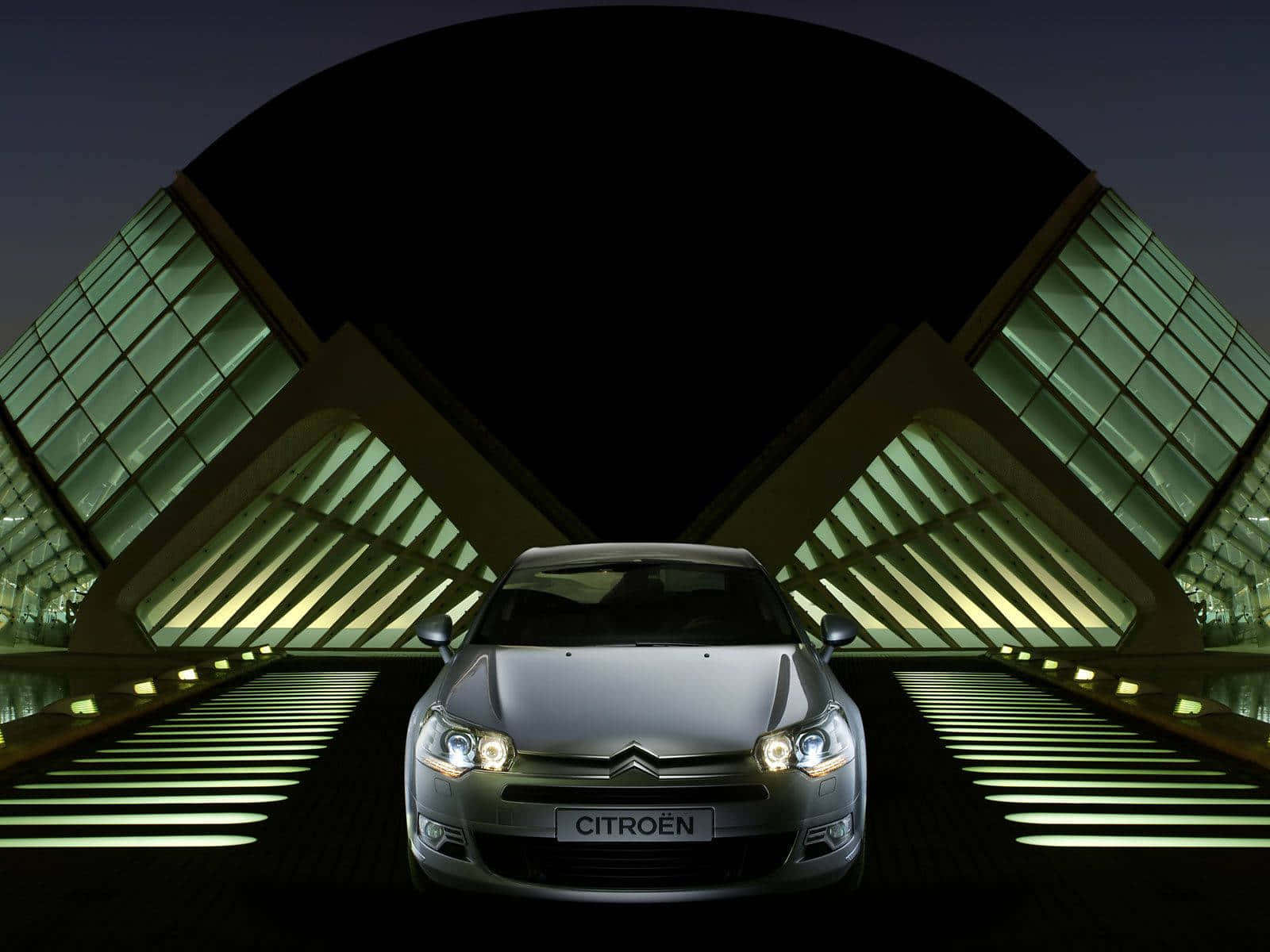 Citroen C2, futuristic architecture, glowing green lights, HD Desktop Wallpaper