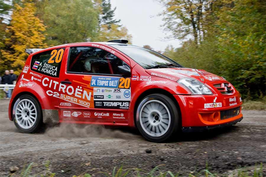 Citroen C2 Super 1600, rally car, forested dirt road, SD Desktop Wallpaper