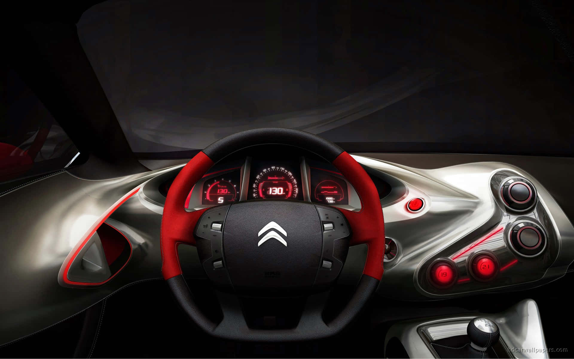 Citroen C3, red-accented steering wheel, glowing red dashboard dials, Full HD Desktop Wallpaper