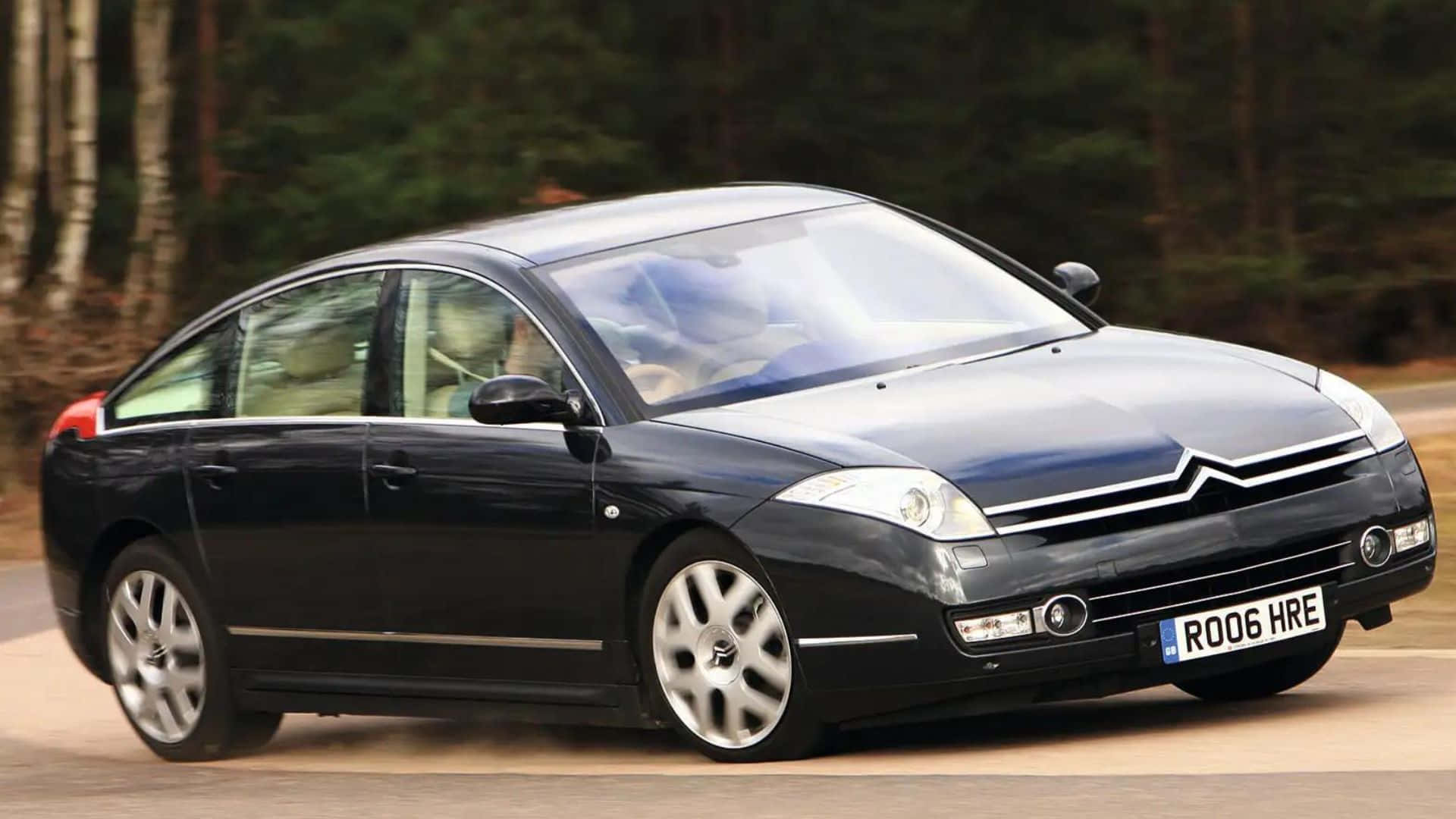 Citroen C6, sleek black, forest-lined road, Full HD Desktop Wallpaper