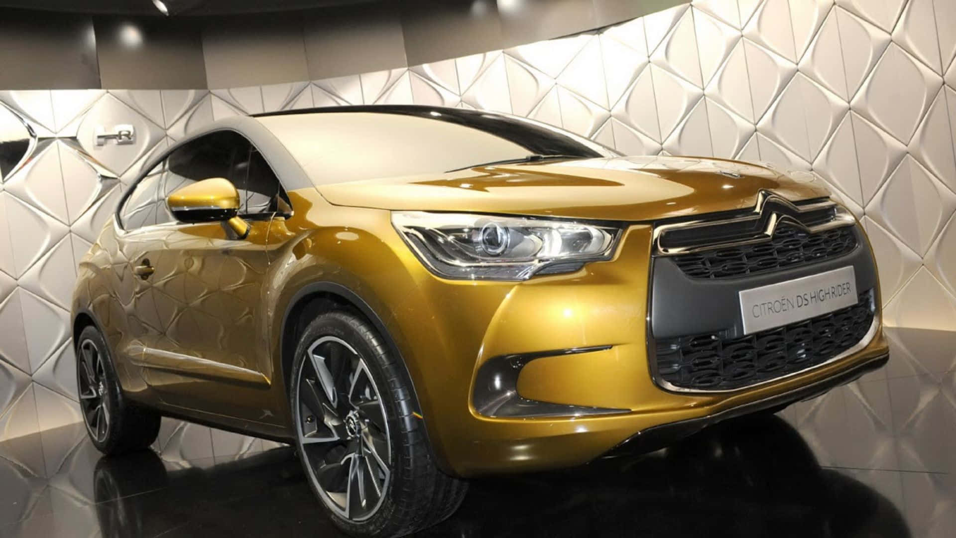 Citroen DS High Rider, gleaming gold, geometric white wall, Full HD Desktop Wallpaper