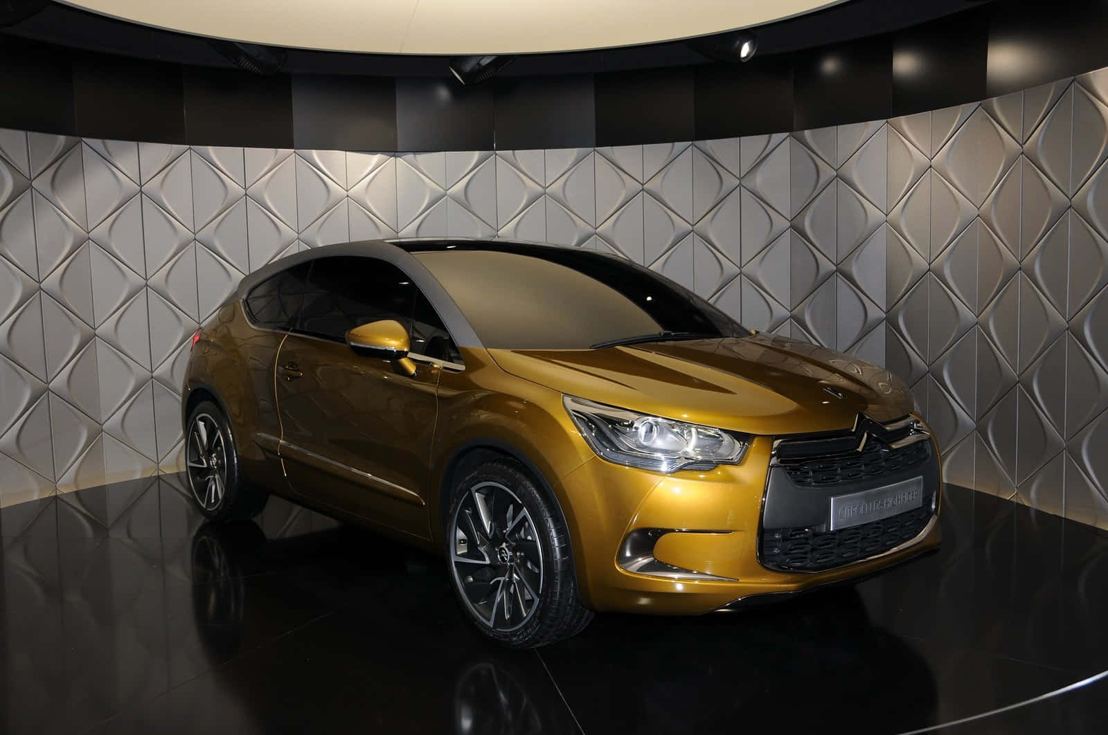 Citroen DS High Rider, gleaming gold, reflective black floor, HD Desktop Wallpaper